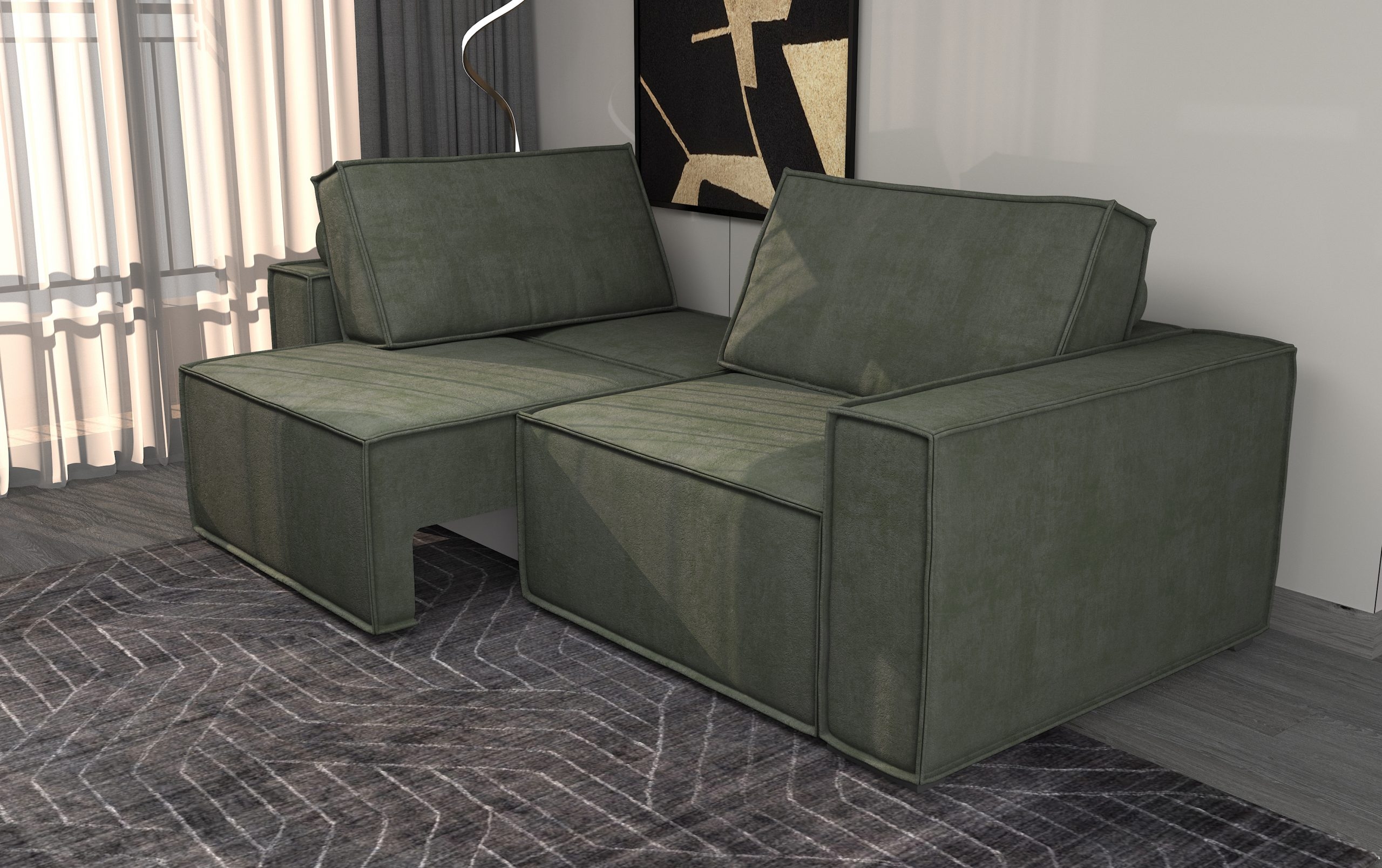 2-seater left-hand corner sofa bed, green fabric, storage compartment 