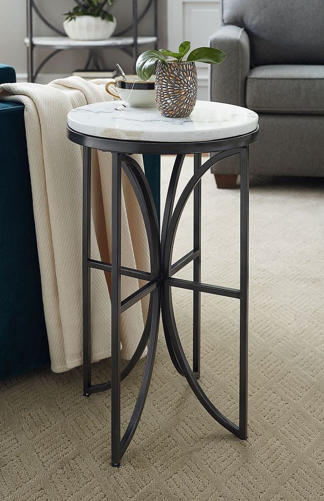 Round End Table with Marble Top and Glass Shelf