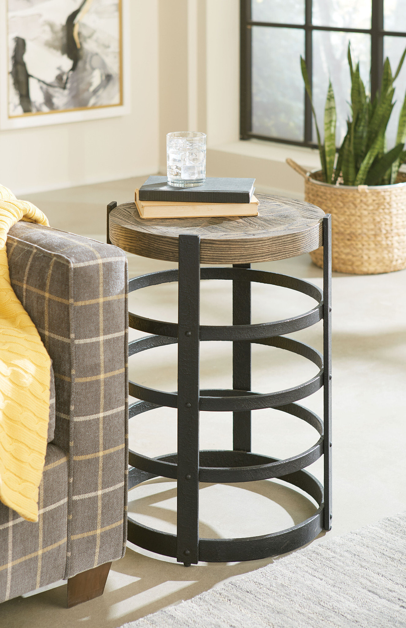 Hidden Treasures Round Wood Veneer/Metal Barrel Strap End Table