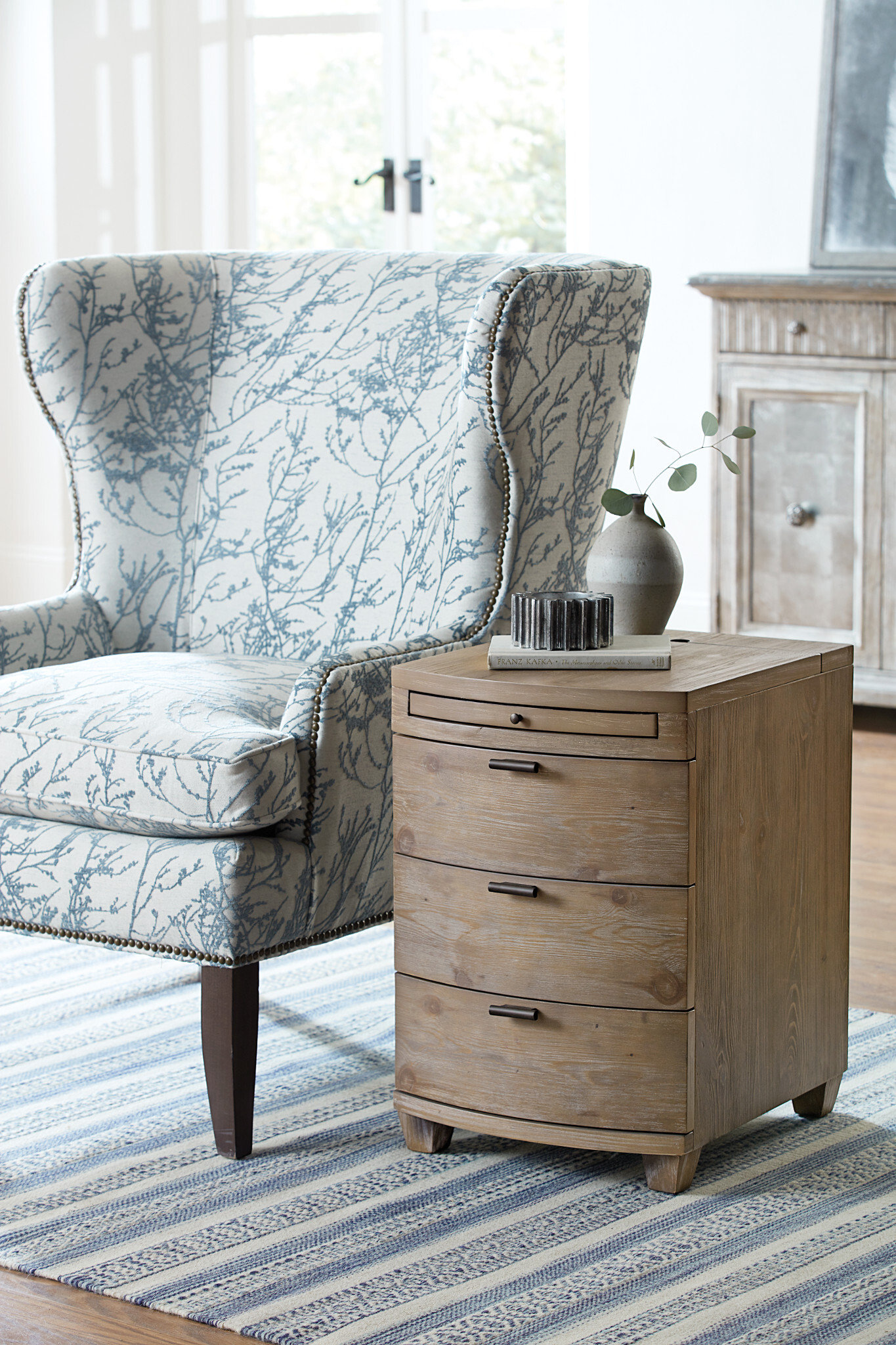 Rectangular Wood 3-Drawer Bowfront Chairside Table