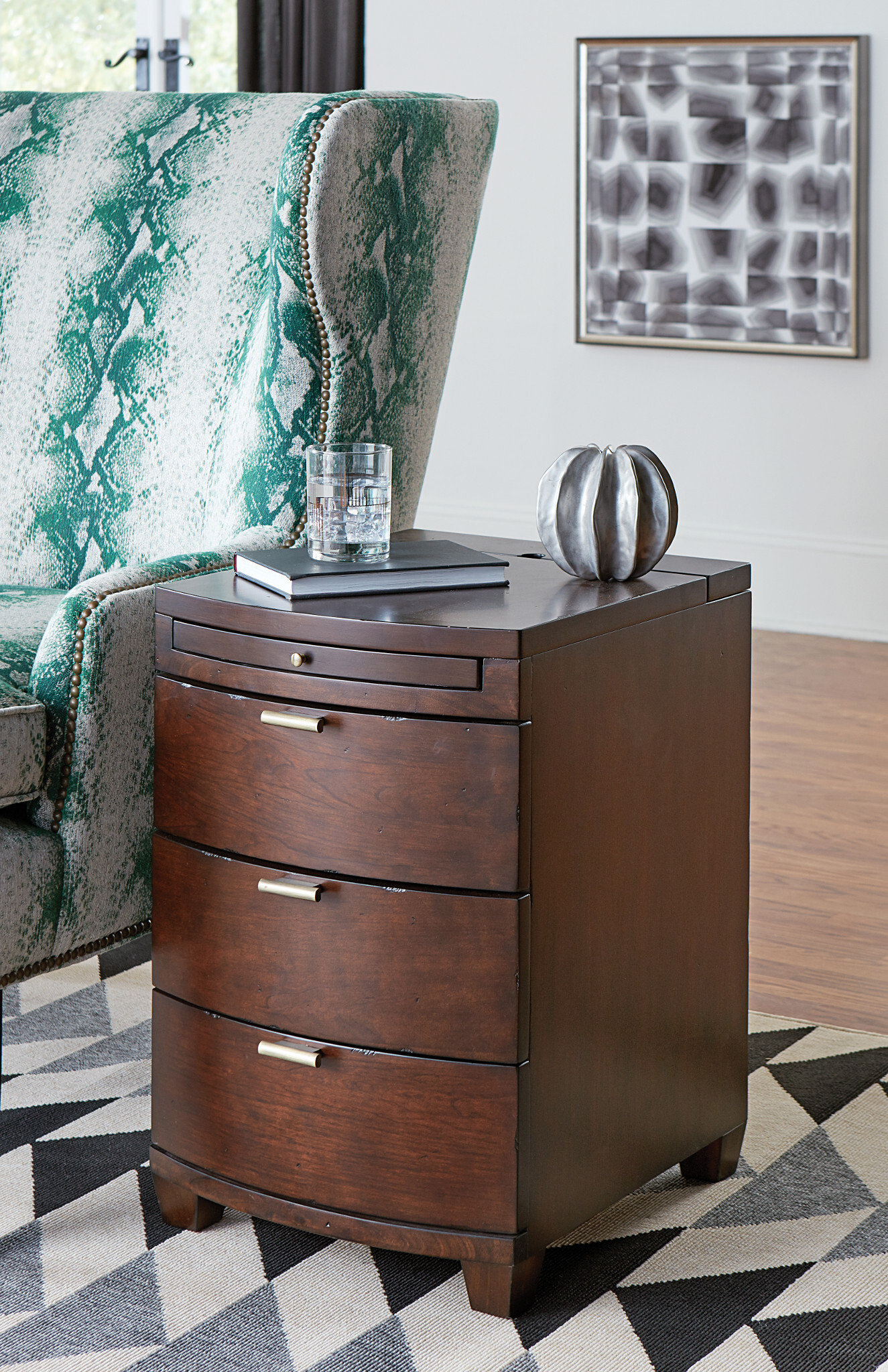 Rectangular Wood 3-Drawer Bowfront Chairside Table