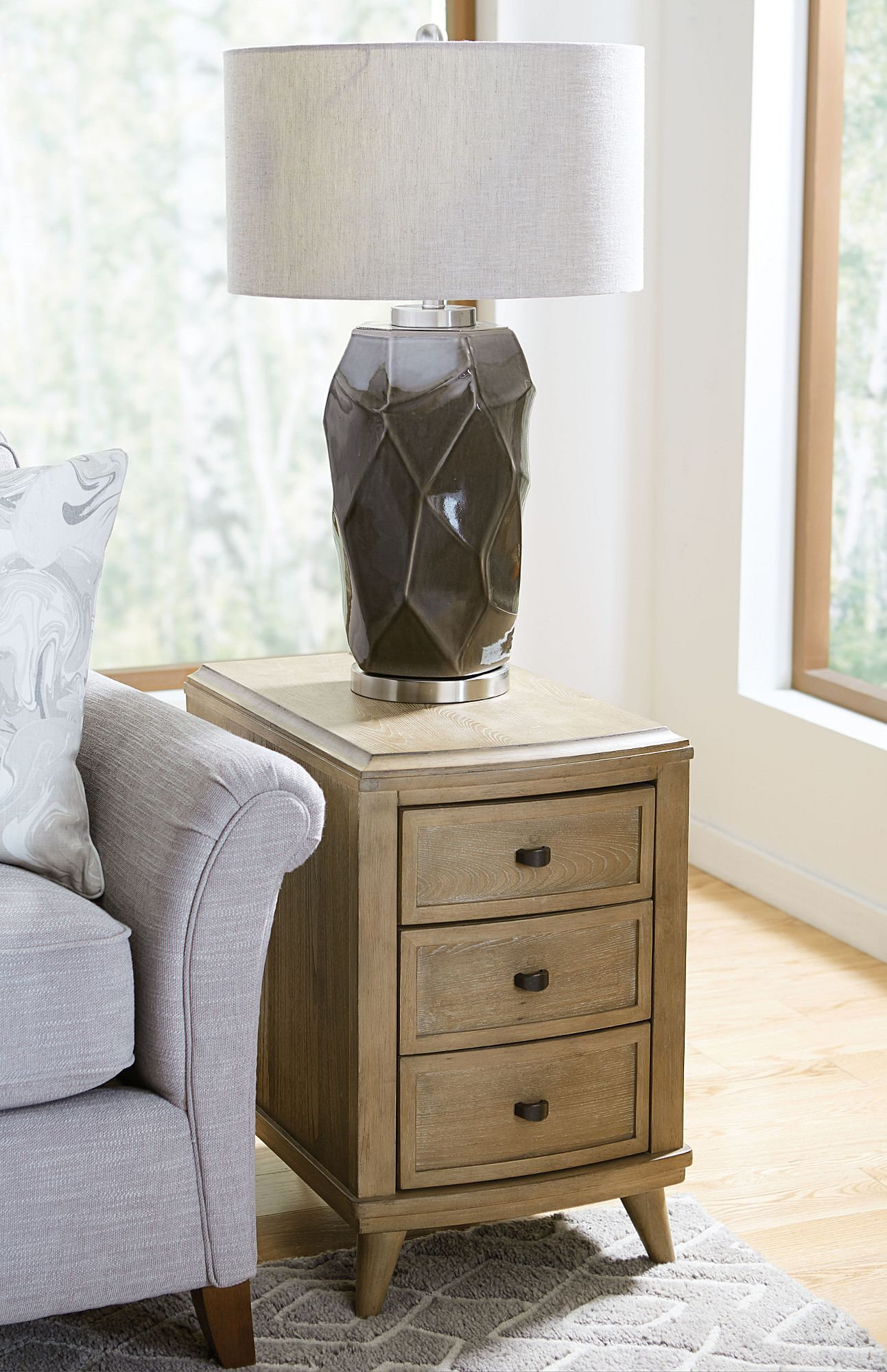 Living Room Hammary Oblique Wire Brushed Elm Charging Chairside Table