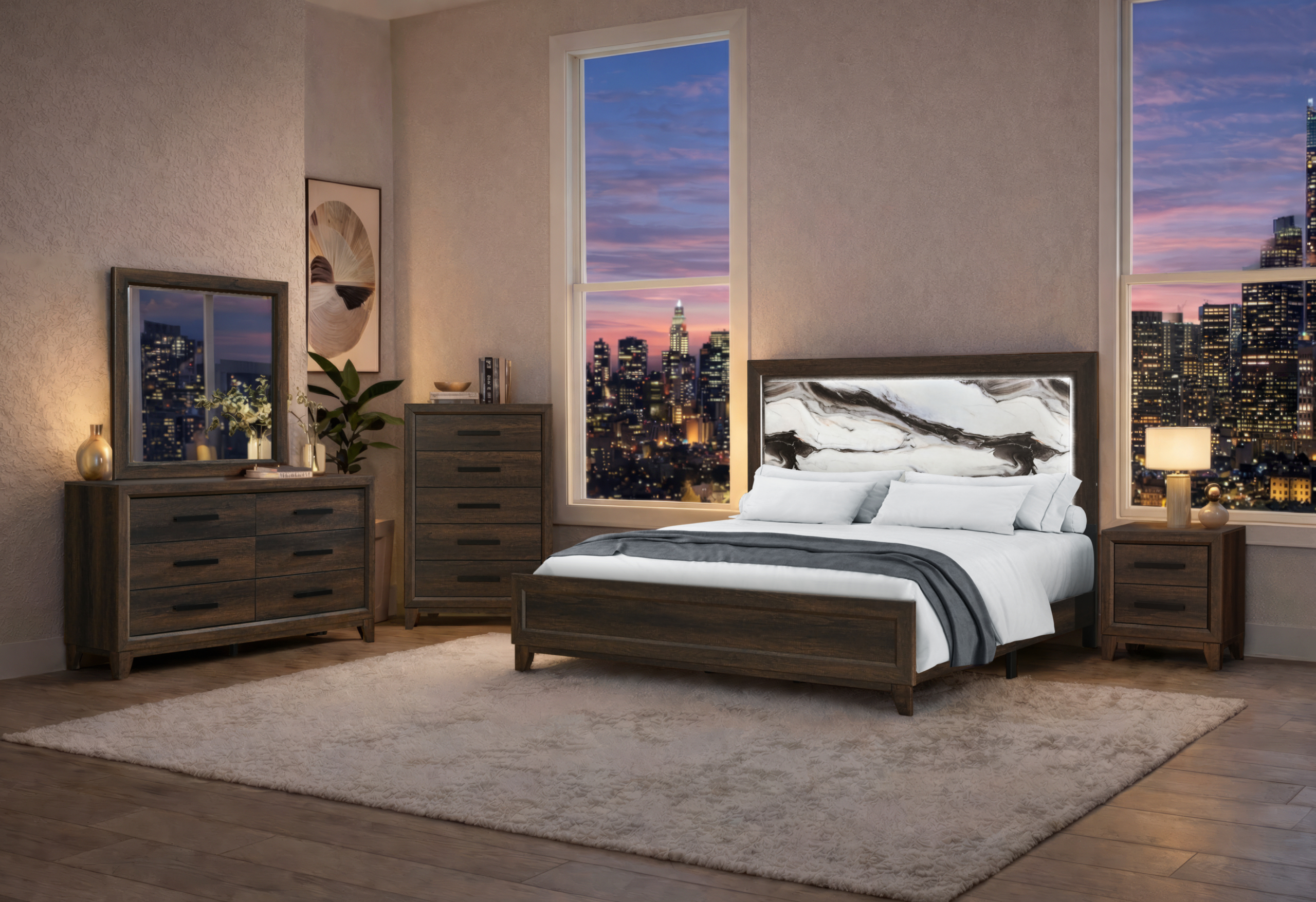 Harmony Queen Size Panel Bed with LED and Marble-Patterned Headboard