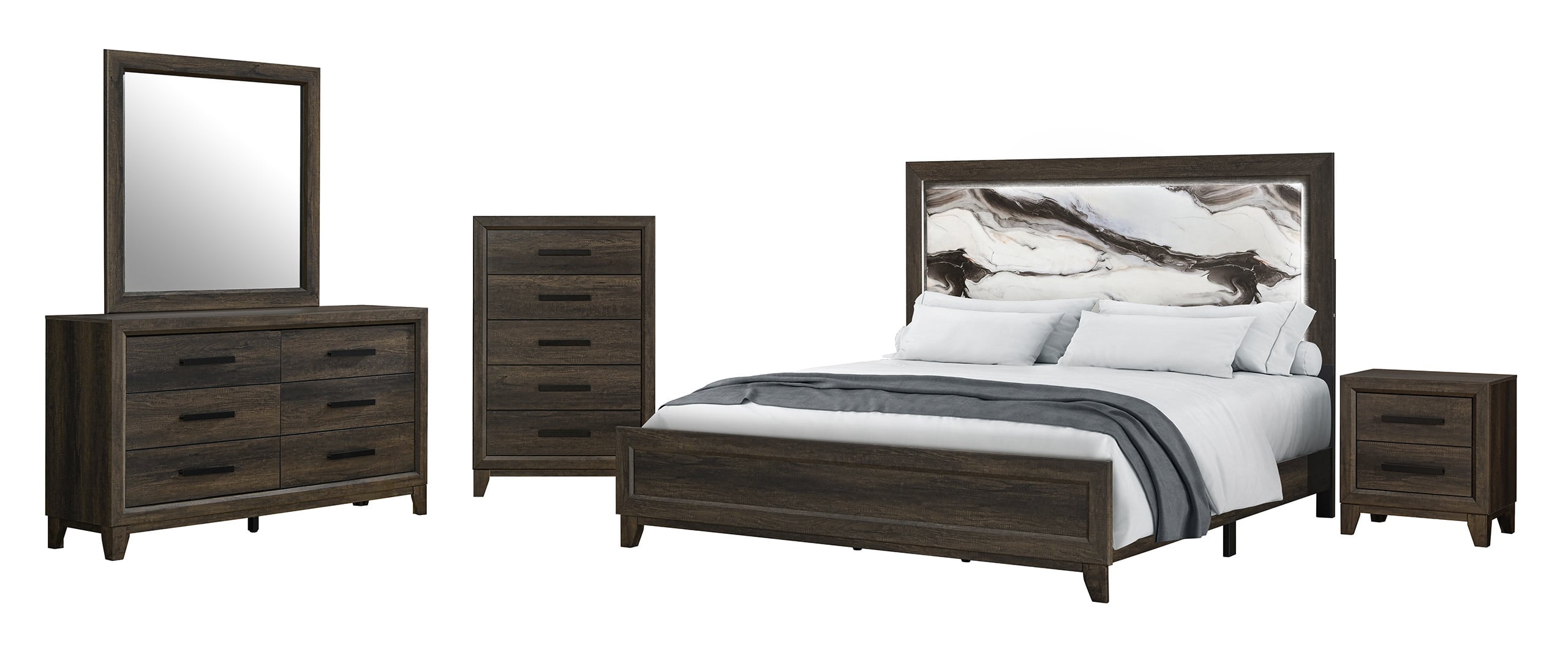 Harmony Panel Bedroom Set with LED and Marble-Patterned Headboard