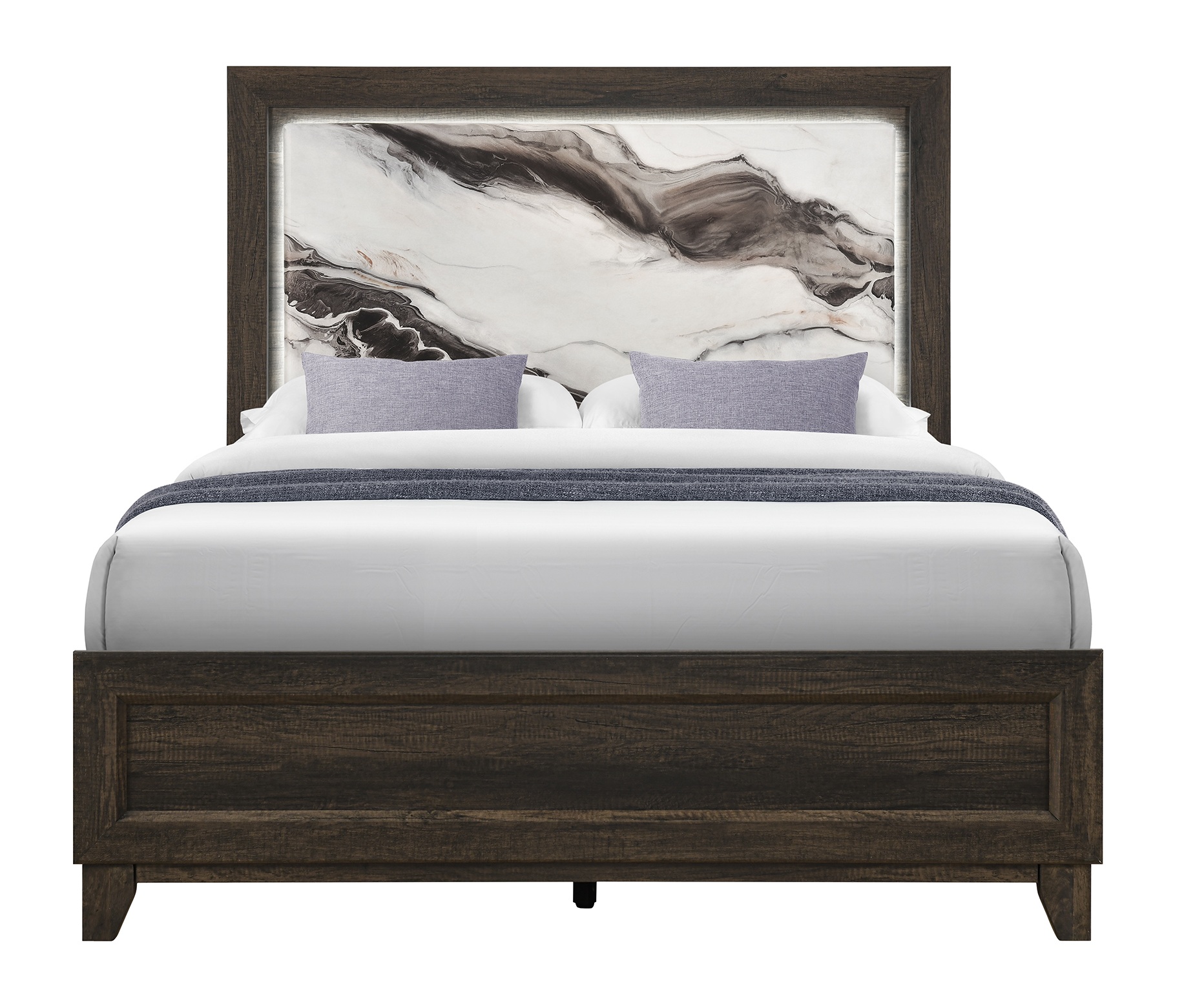 Harmony Queen Size Panel Bed with LED and Marble-Patterned Headboard