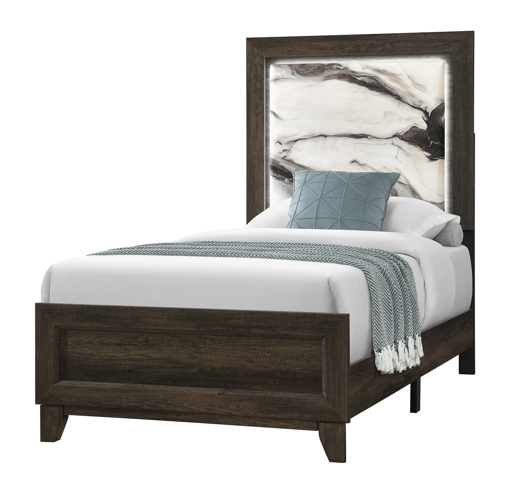 Harmony Panel Bed with LED and Marble-Patterned Headboard
