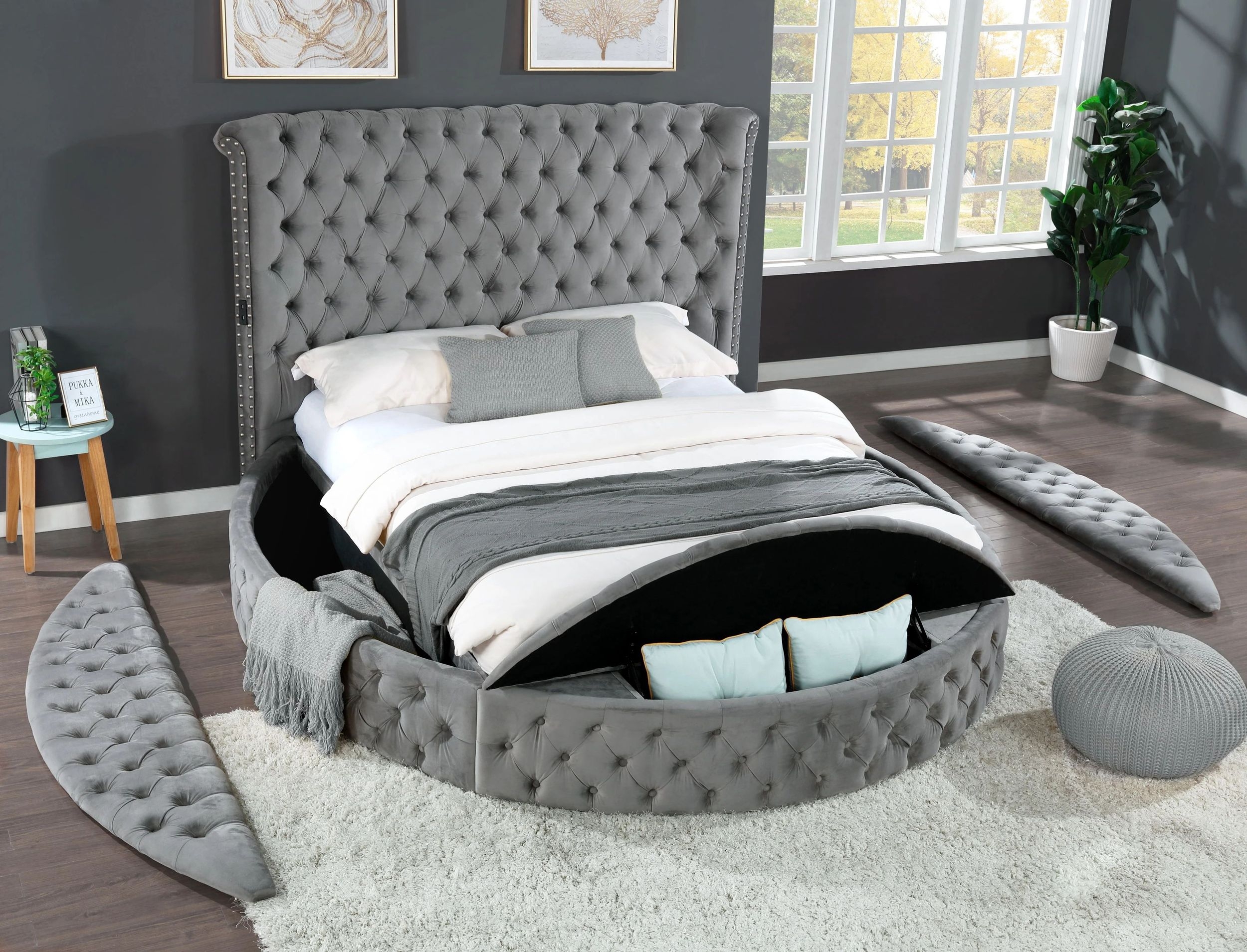 Hazel Fabric Upholstered Storage King Size Bed with USB Ports & Bluetooth Speakers