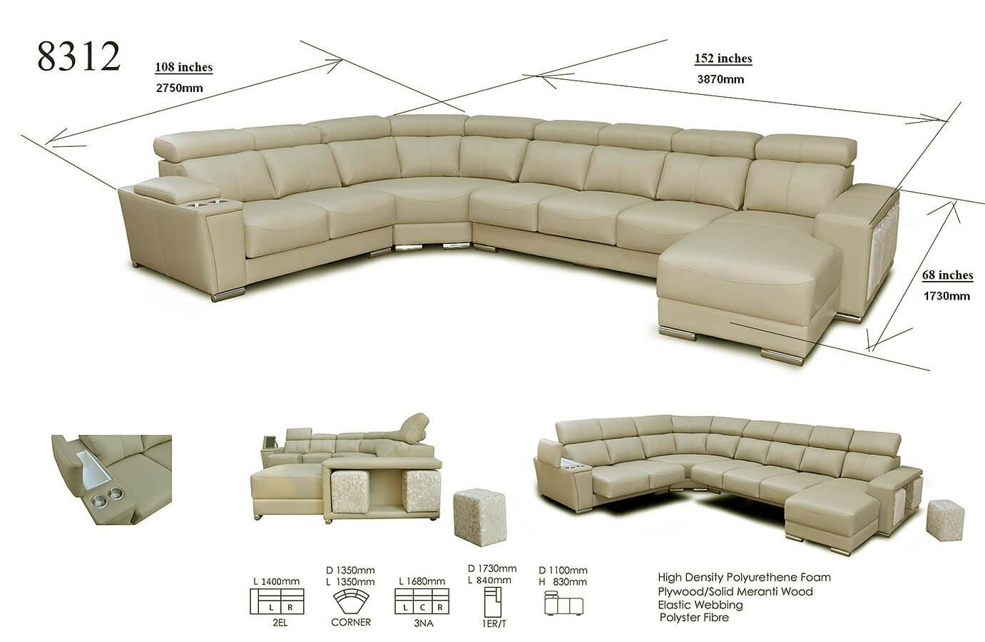 8312 Leather/Eco-Leather Sectional w/Sliding Seats, Right Arm Chaise by ESF Furniture