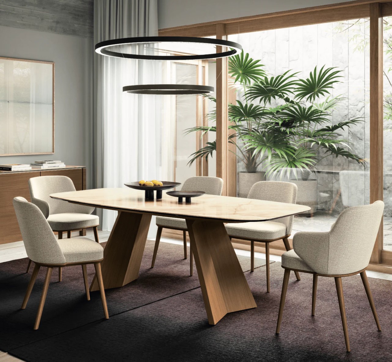 Icaro W78.8"-116.6" Rectangular Ceramic/Wood Veneer Extendable Dining Table w/Rounded Corners