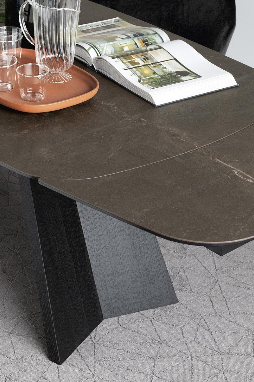 Icaro W78.8"-116.6" Rectangular Ceramic/Wood Veneer Extendable Dining Table w/Rounded Corners