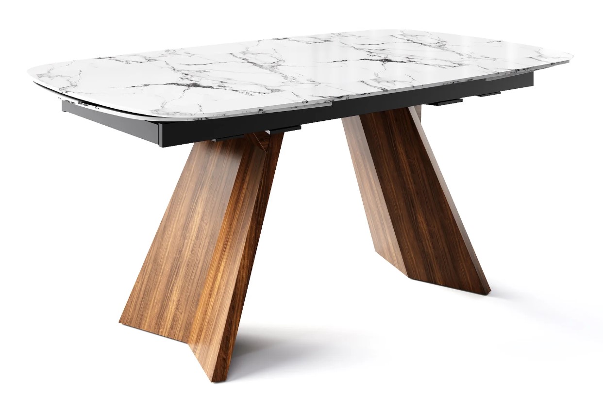 Icaro W65"-95" Rectangular Ceramic/Wood Veneer Extendable Dining Table w/Rounded Corners