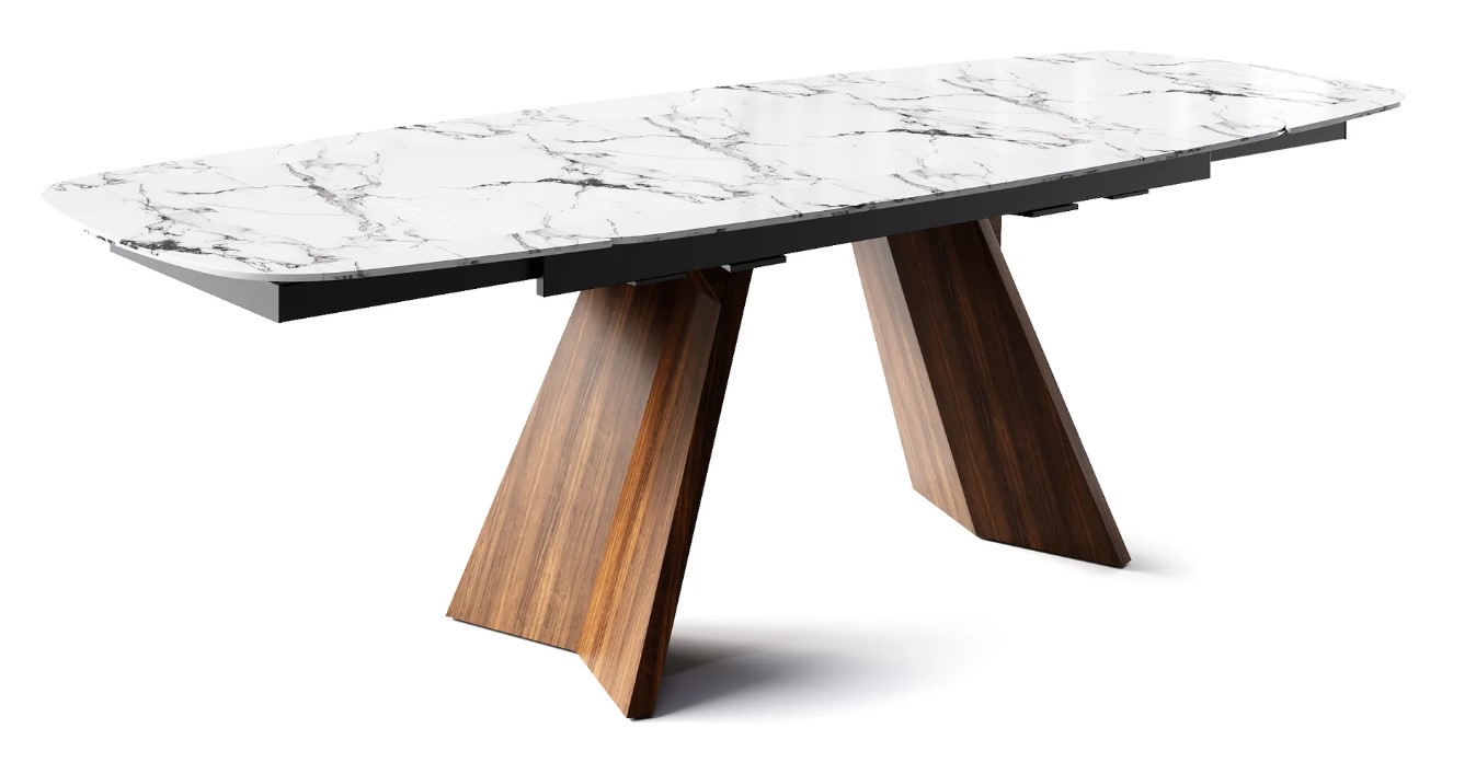 Icaro W78.8"-116.6" Rectangular Ceramic/Wood Veneer Extendable Dining Table w/Rounded Corners