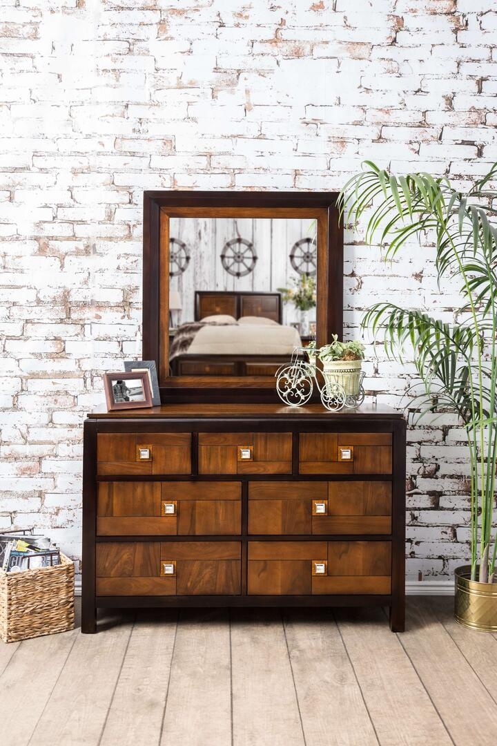  Patra Acacia Transitional Wood 7-Drawer Dresser in Mirror