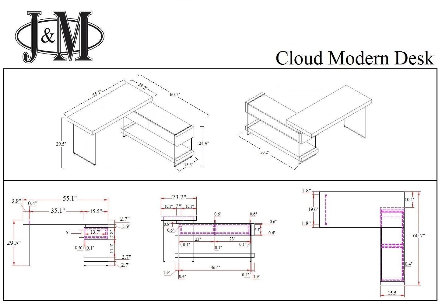 Cloud Modern Office Desk w/Storage Drawers