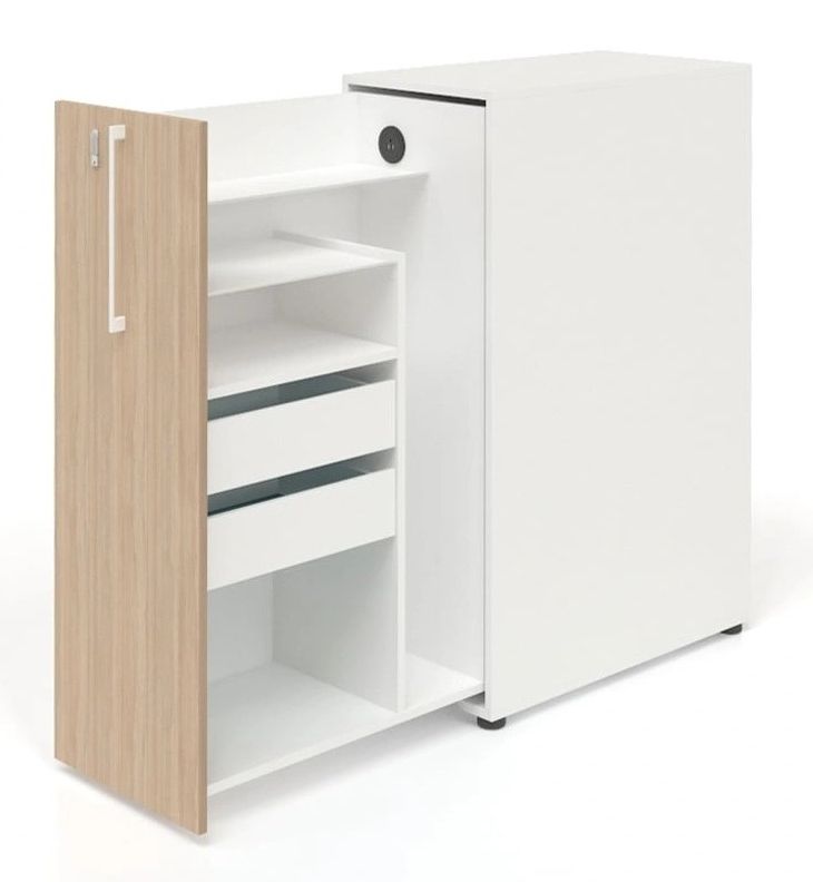 Boxi Office Lockable Storage Tower w/1 Shelf, 2 Metal Shelves, 2 Small Drawers & USB Port