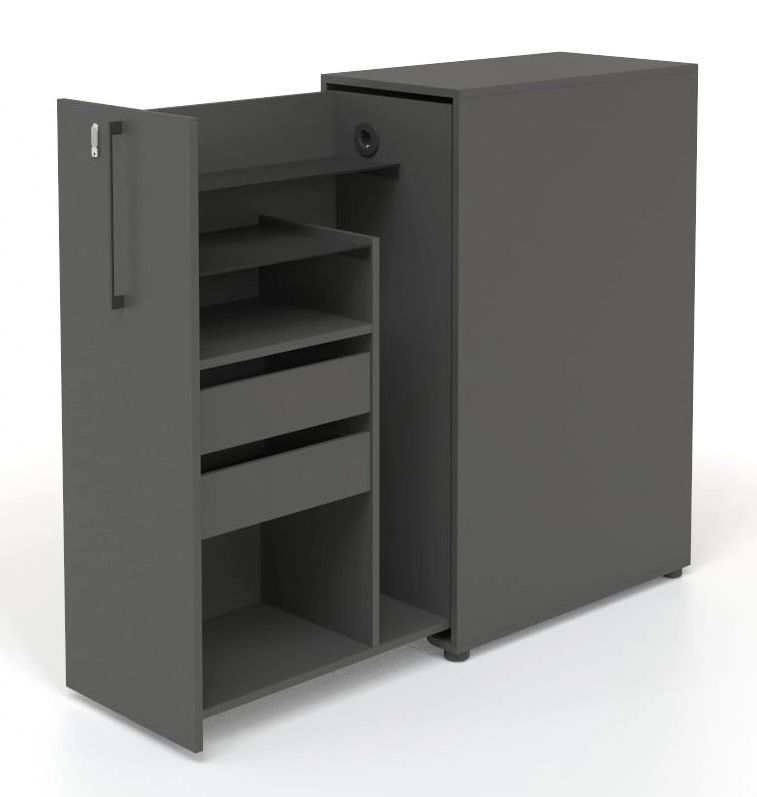Boxi Office Lockable Storage Tower w/1 Shelf, 2 Metal Shelves, 2 Small Drawers & USB Port, Left Hand