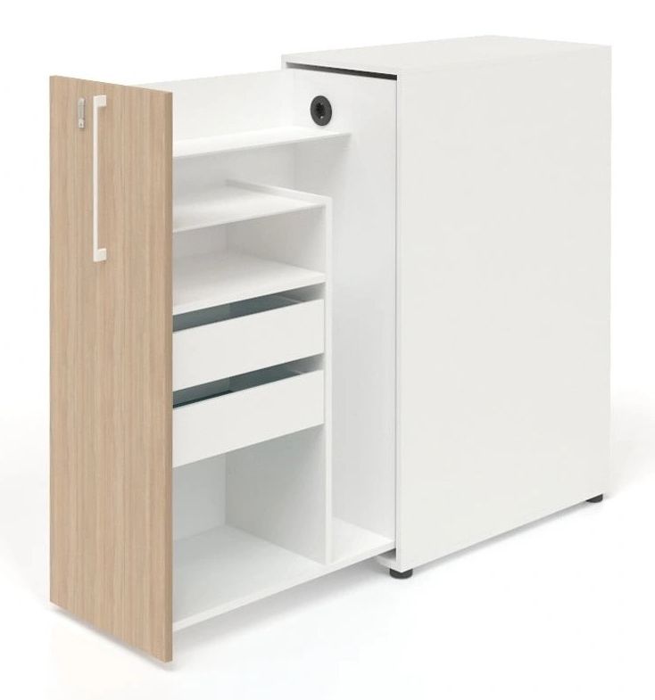 Boxi D32.3" Office Lockable Storage Tower w/1 Shelf, 2 Metal Shelves, 2 Small Drawers & USB Port, Left Hand