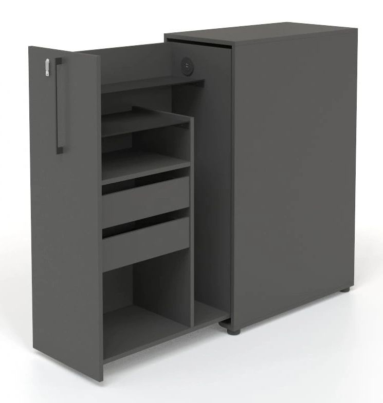 Boxi Office Lockable Storage Tower w/1 Shelf, 2 Metal Shelves, 2 Small Drawers & USB Port