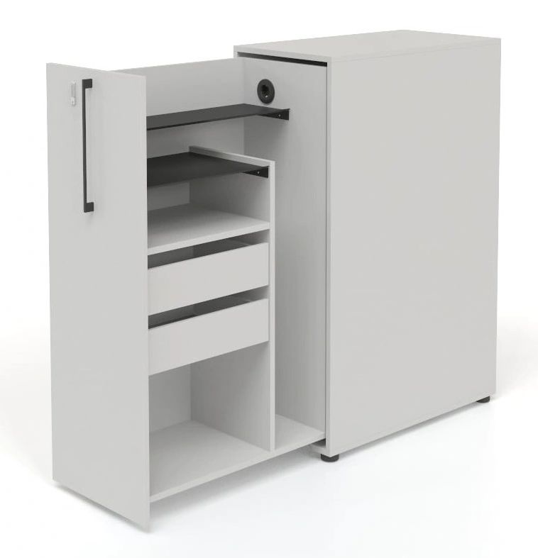 Boxi Office Lockable Storage Tower w/1 Shelf, 2 Metal Shelves, 2 Small Drawers & Power Socket