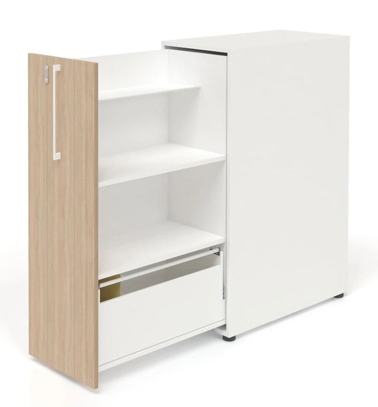 Boxi Office Lockable Storage Tower w/2 Shelves, 1 Metal Shelf & File Drawer, Left Hand