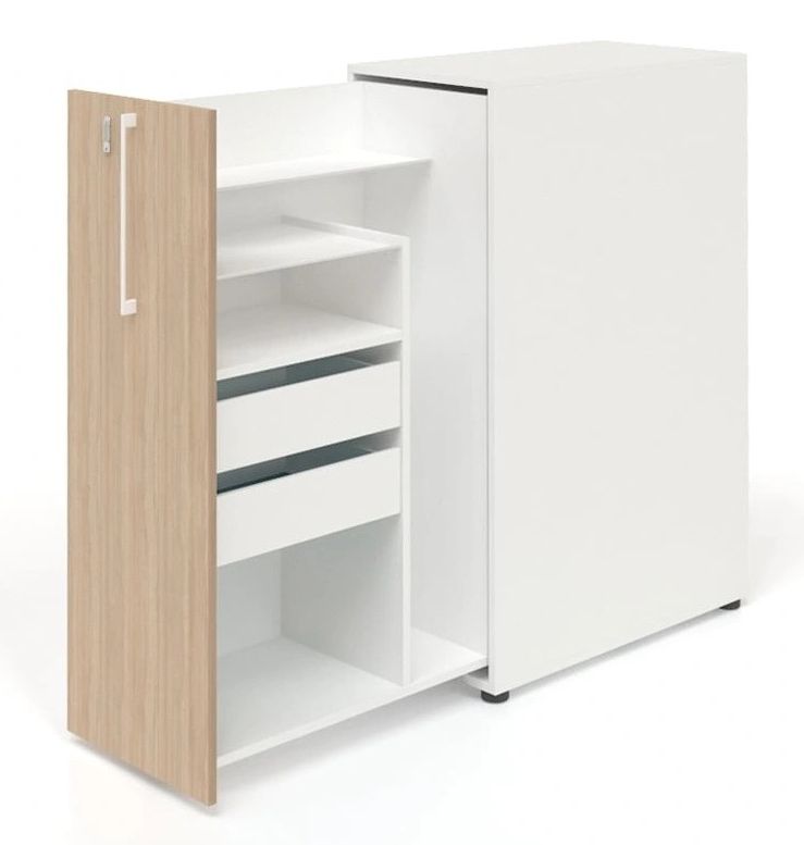 Boxi Office Lockable Storage Tower w/1 Shelf, 2 Metal Shelves & 2 Small Drawers, Left Hand