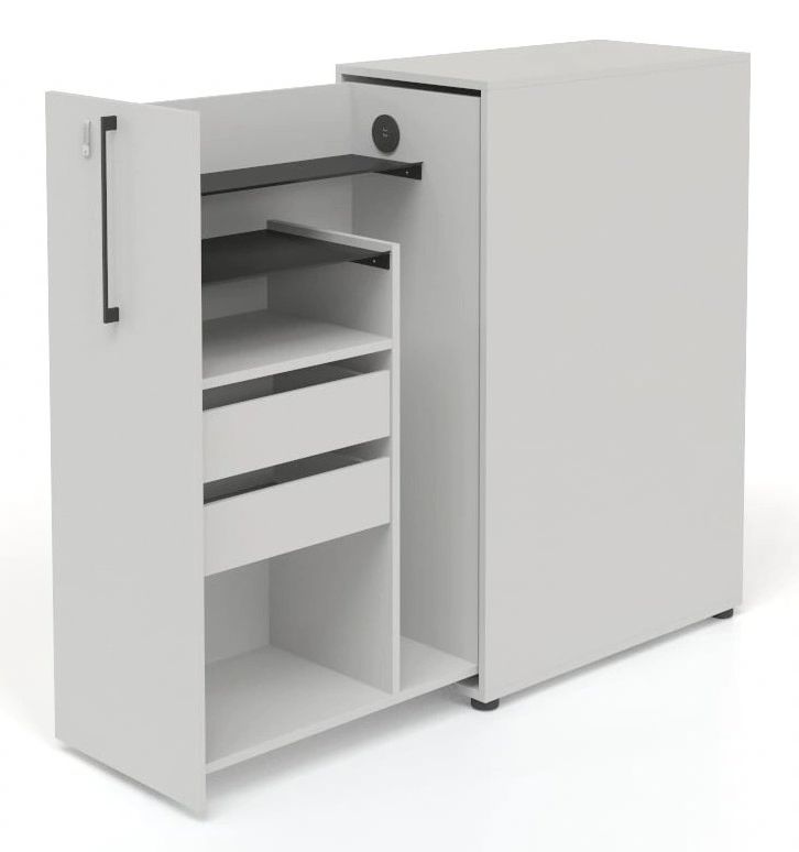 Boxi Office Lockable Storage Tower w/1 Shelf, 2 Metal Shelves, 2 Small Drawers & USB Port