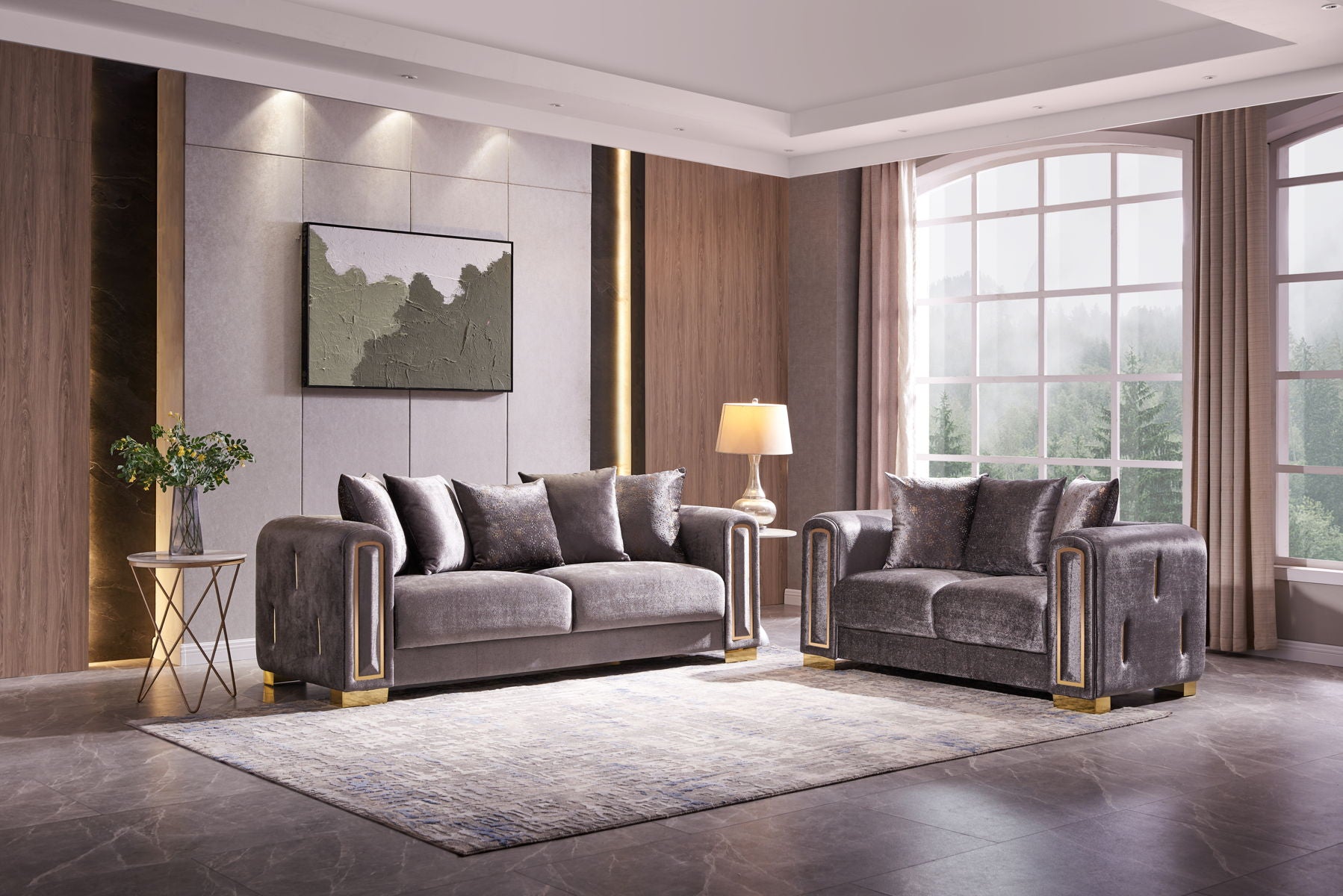 Traditional Dark Walnut & Beige 3Pcs Sofa Set Carved Wood 