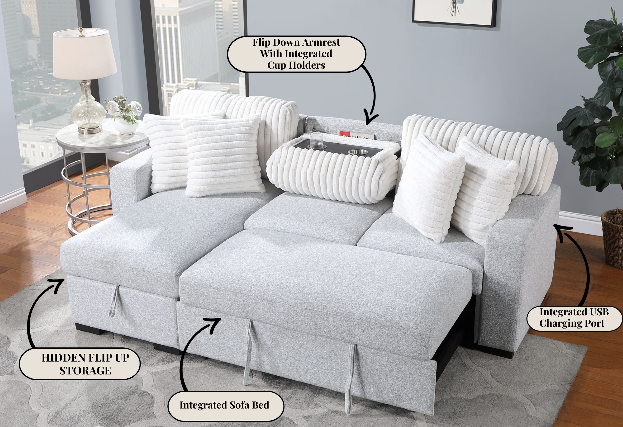 U0204 Reversible Pull-Out Fabric Sectional Sofa Bed