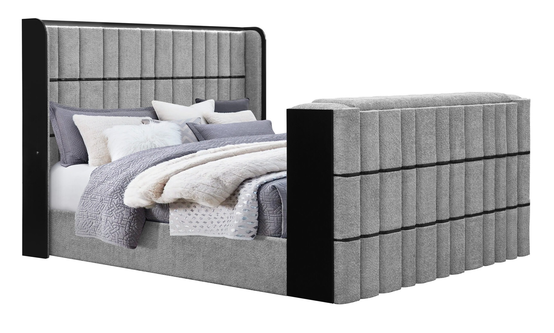 Isabella Fabric Panel Bedroom Set with LED, Speaker, TV Lift and Fireplace