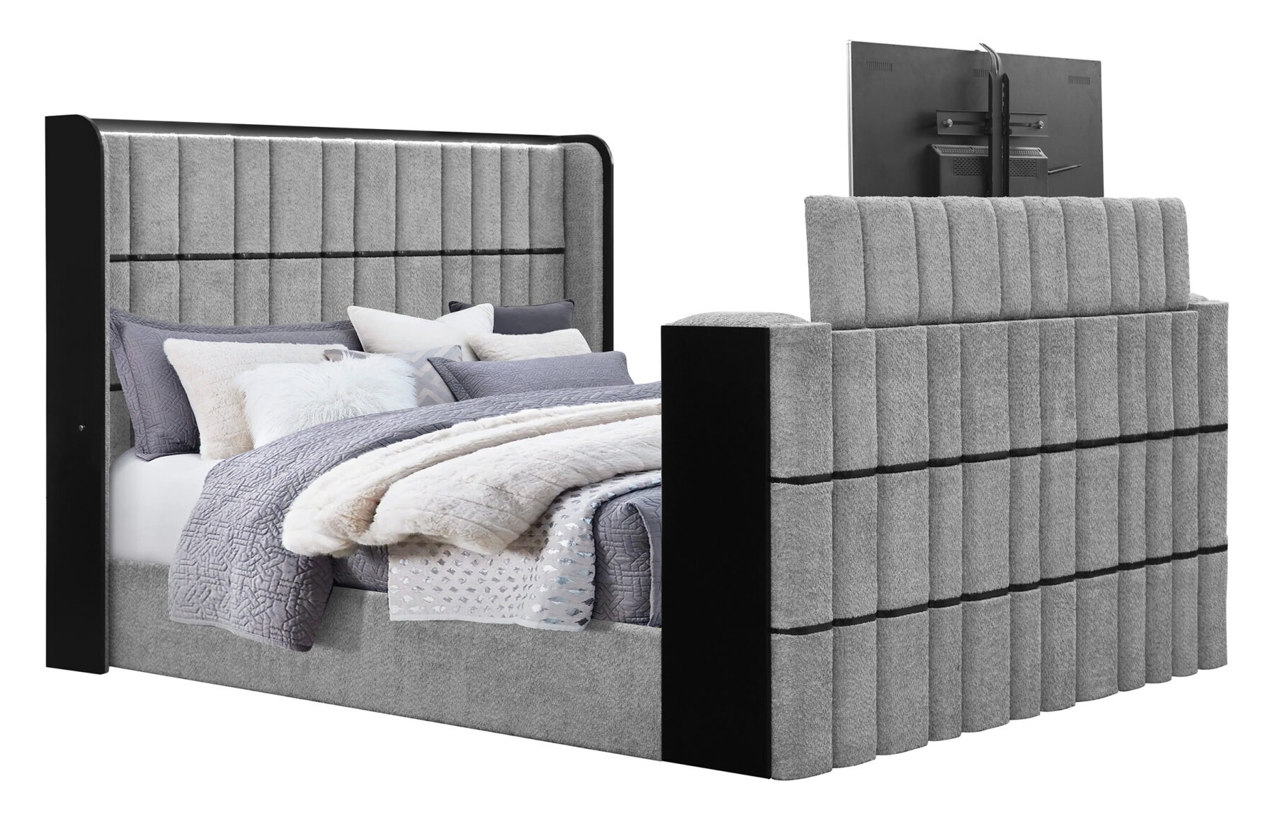 Isabella Fabric Panel Bedroom Set with LED, Speaker, TV Lift and Fireplace