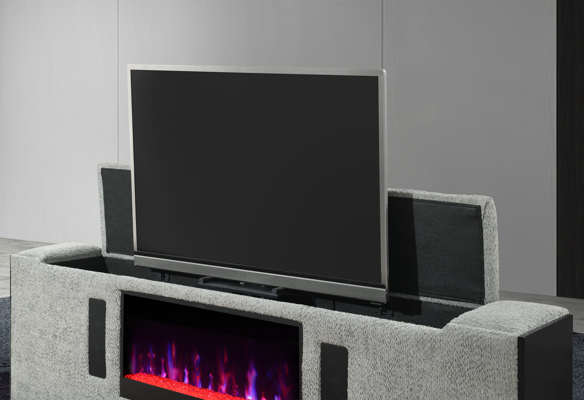 Isabella King Size Fabric Panel Bed with LED, Speaker, TV Lift and Fireplace