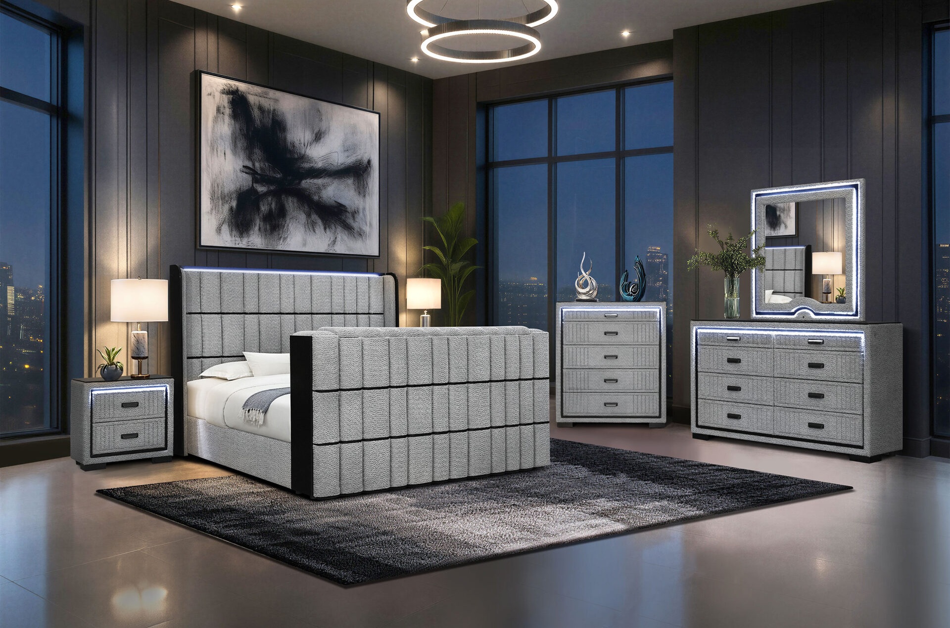 Isabella Queen Size Fabric Panel Bed with LED, Speaker, TV Lift and Fireplace