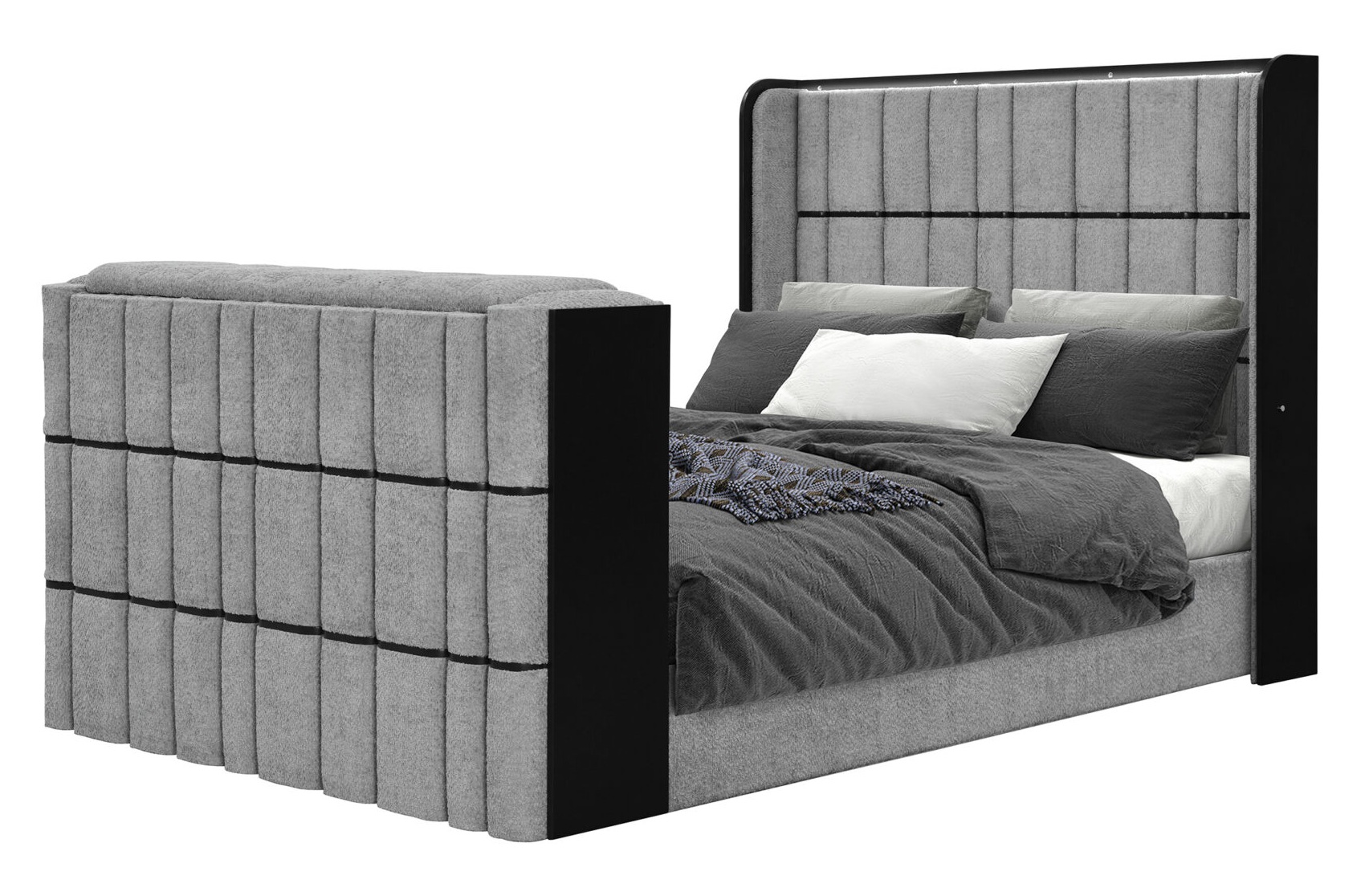 Isabella Fabric Panel Bedroom Set with LED, Speaker, TV Lift and Fireplace