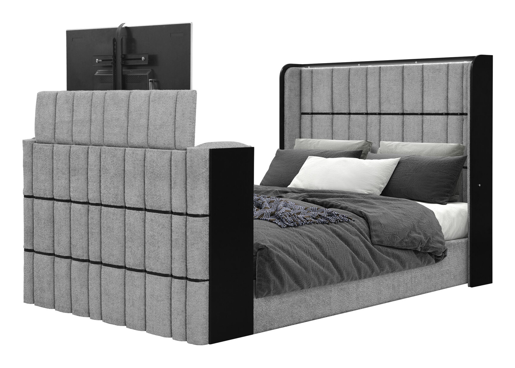 Isabella Fabric Panel Bedroom Set with LED, Speaker, TV Lift and Fireplace