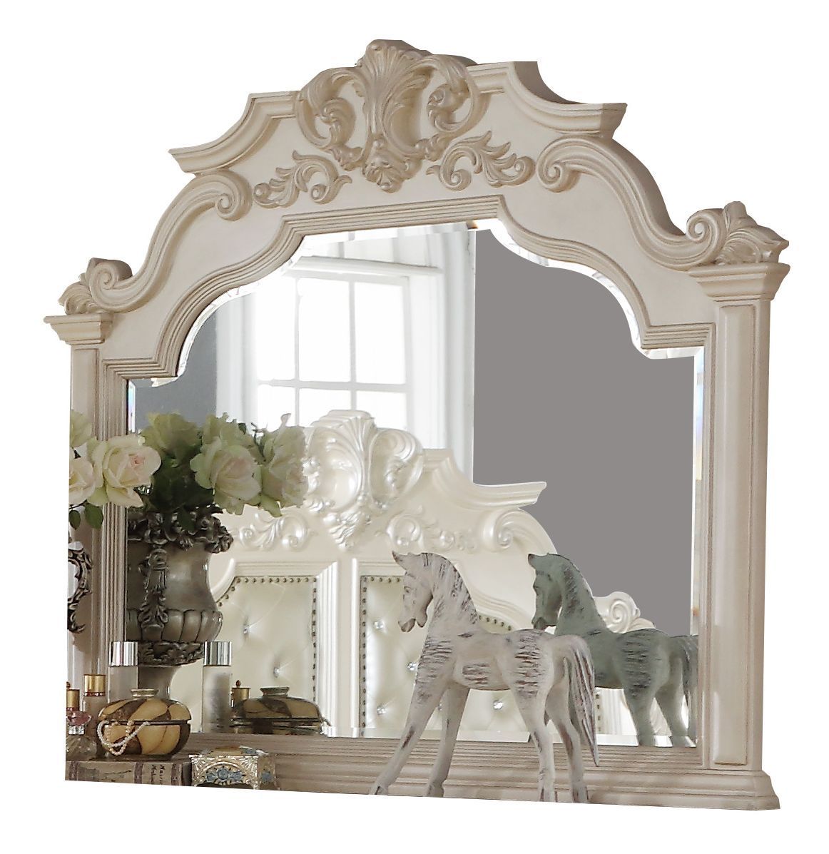 WRS Victoria Bedroom Set with Faux Leather Upholstered Headboard & Footboard (Queen Bed, Nightstand, Dresser & Mirror)