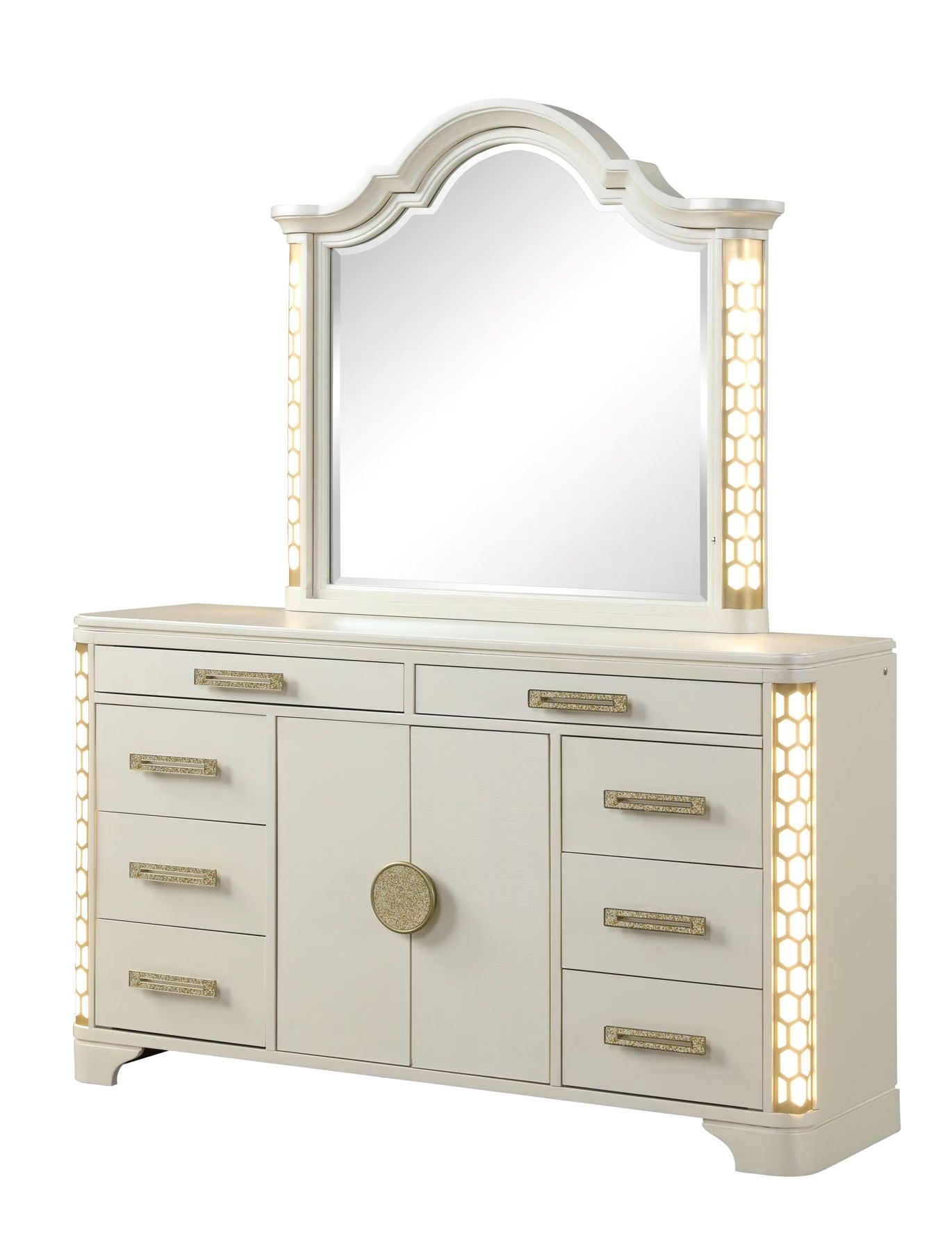 Jasmine Wood Veneer Dresser w/8 Drawers, 2 Doors & LED Lighting