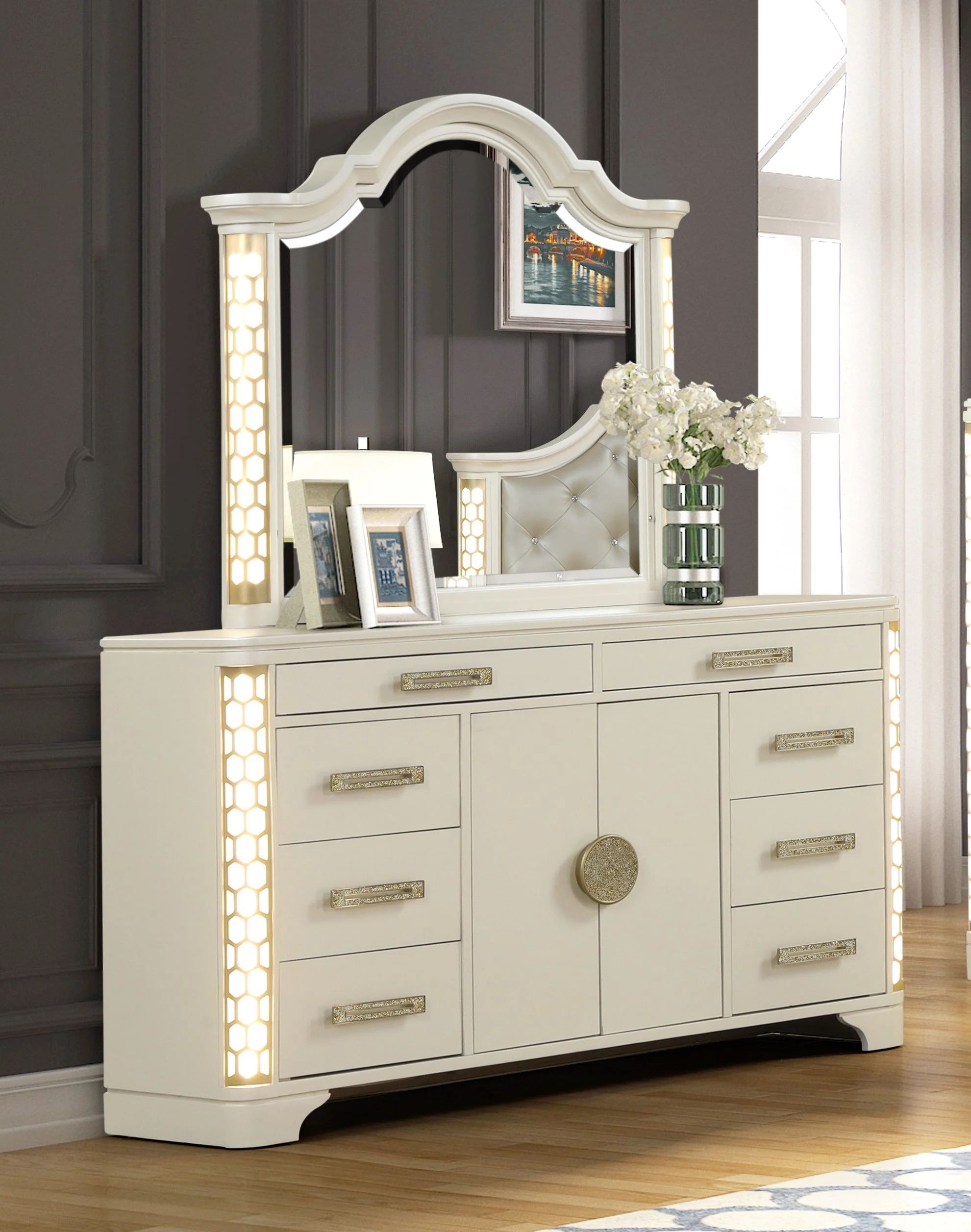 Jasmine Wood Veneer Dresser w/8 Drawers, 2 Doors & LED Lighting