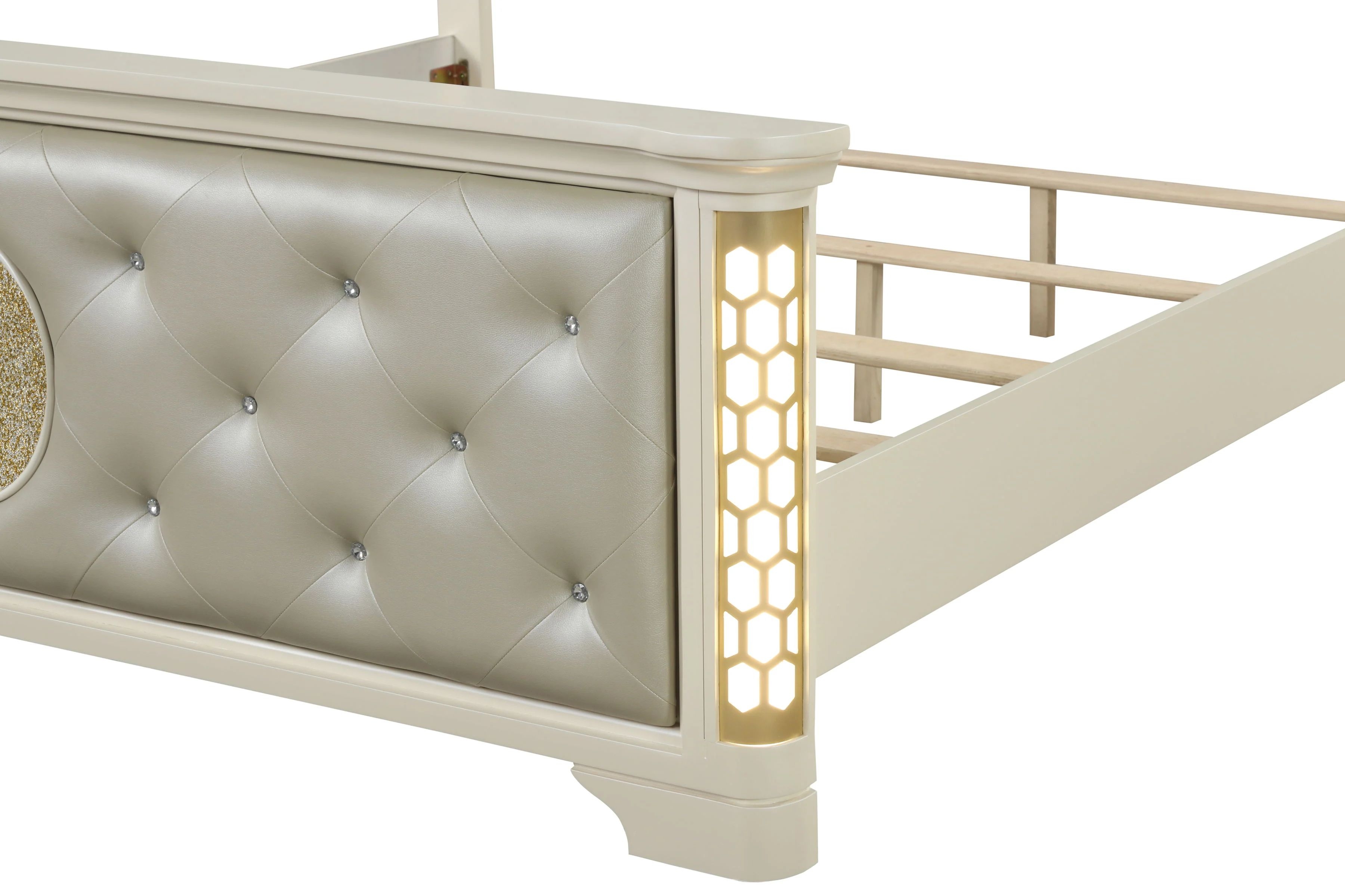 Jasmine Queen Size Bed with Faux Leather Upholstery & LED Lighting