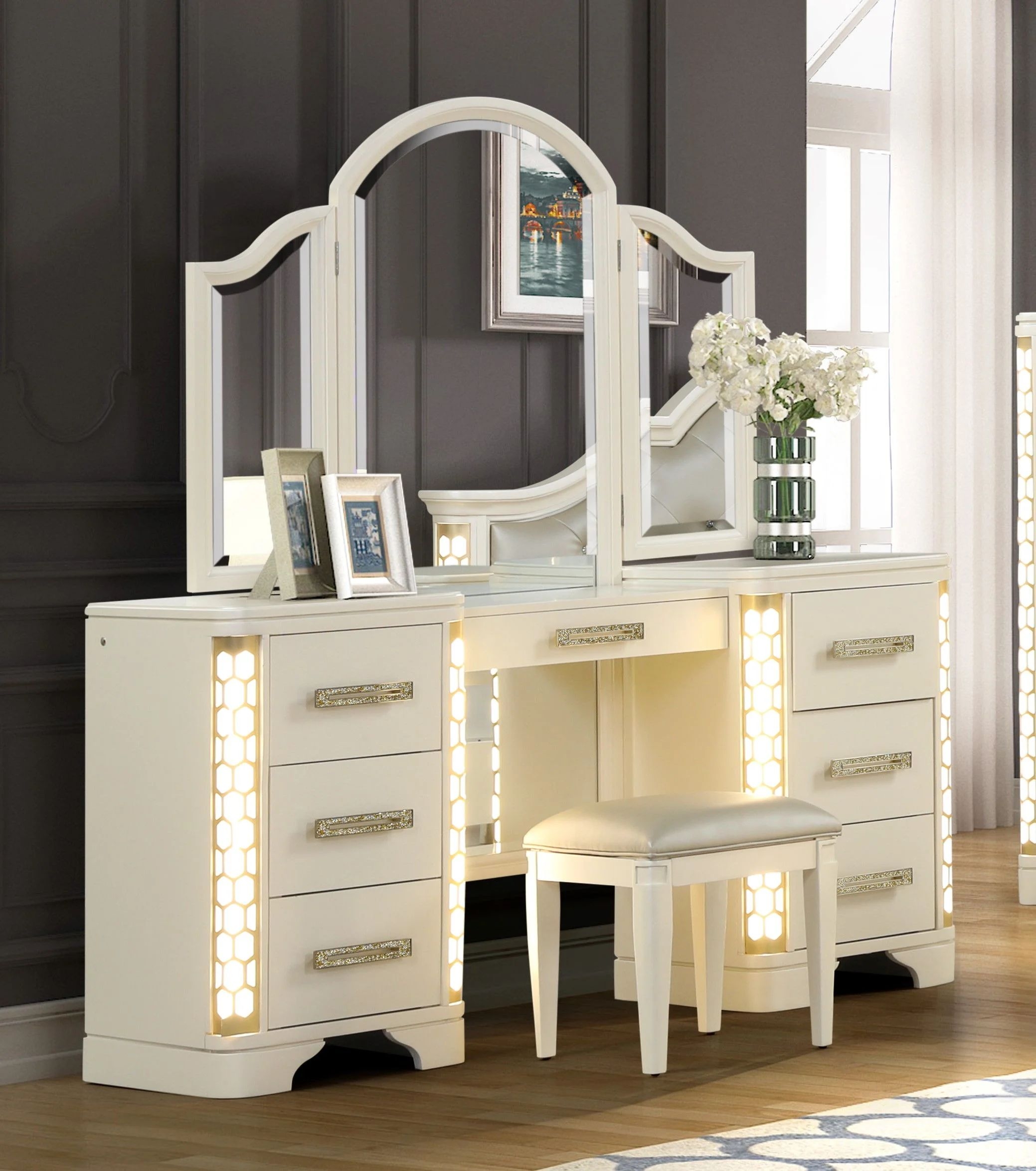 Jasmine 5-Drawer Wood Veneer Vanity Set with LED Lighting