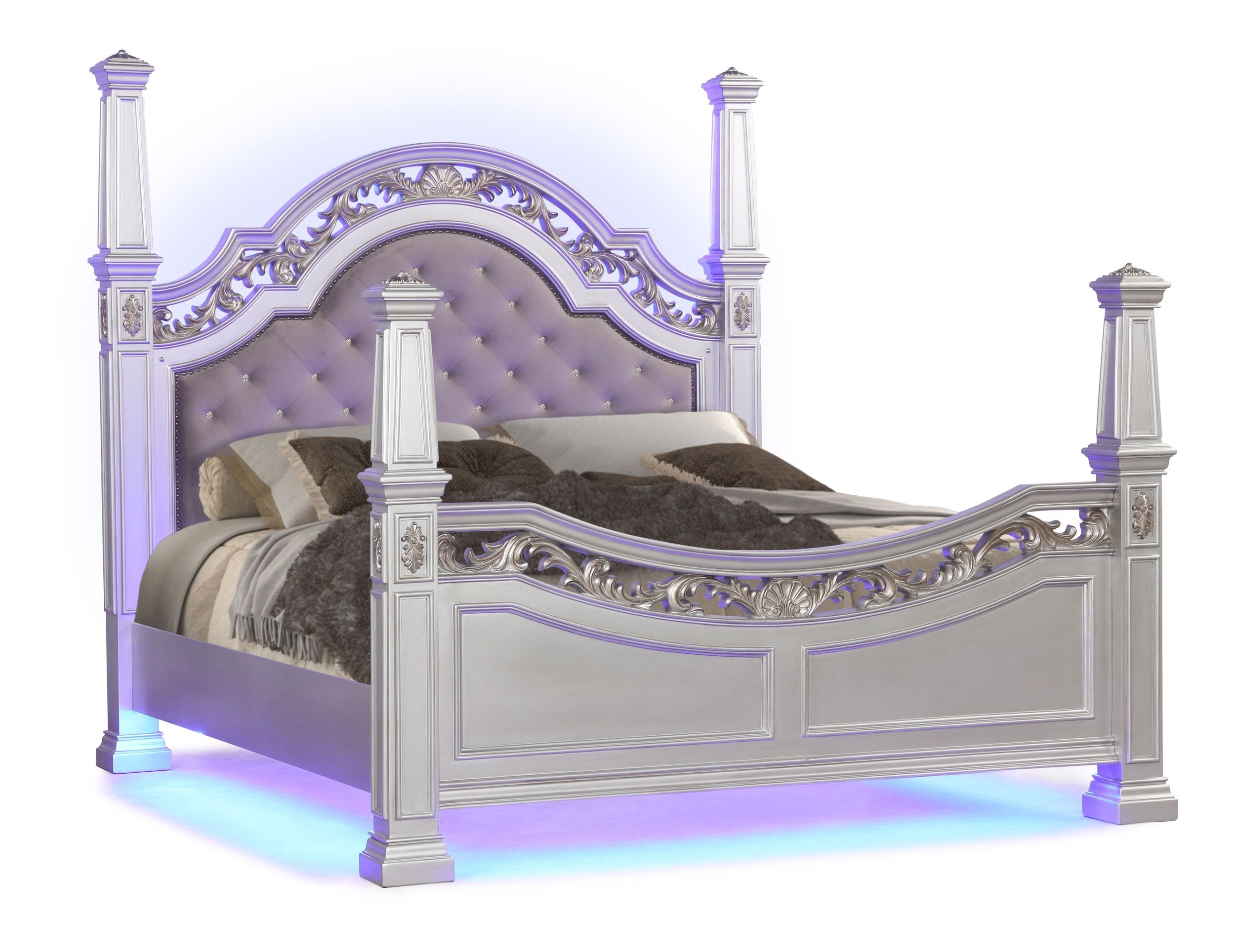 Valentina Poster Bed with Faux Leather Upholstered Headboard & LED Lighting