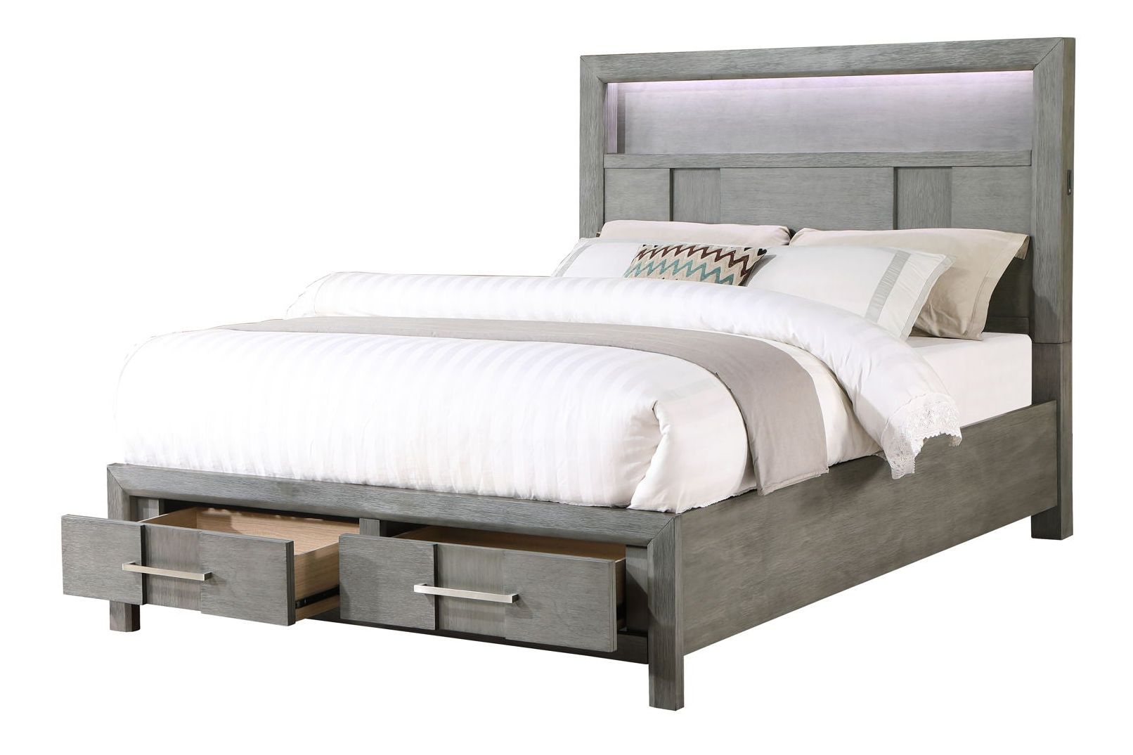 Kenzo Wood Veneer Bed with Storage Drawers & LED Lighting