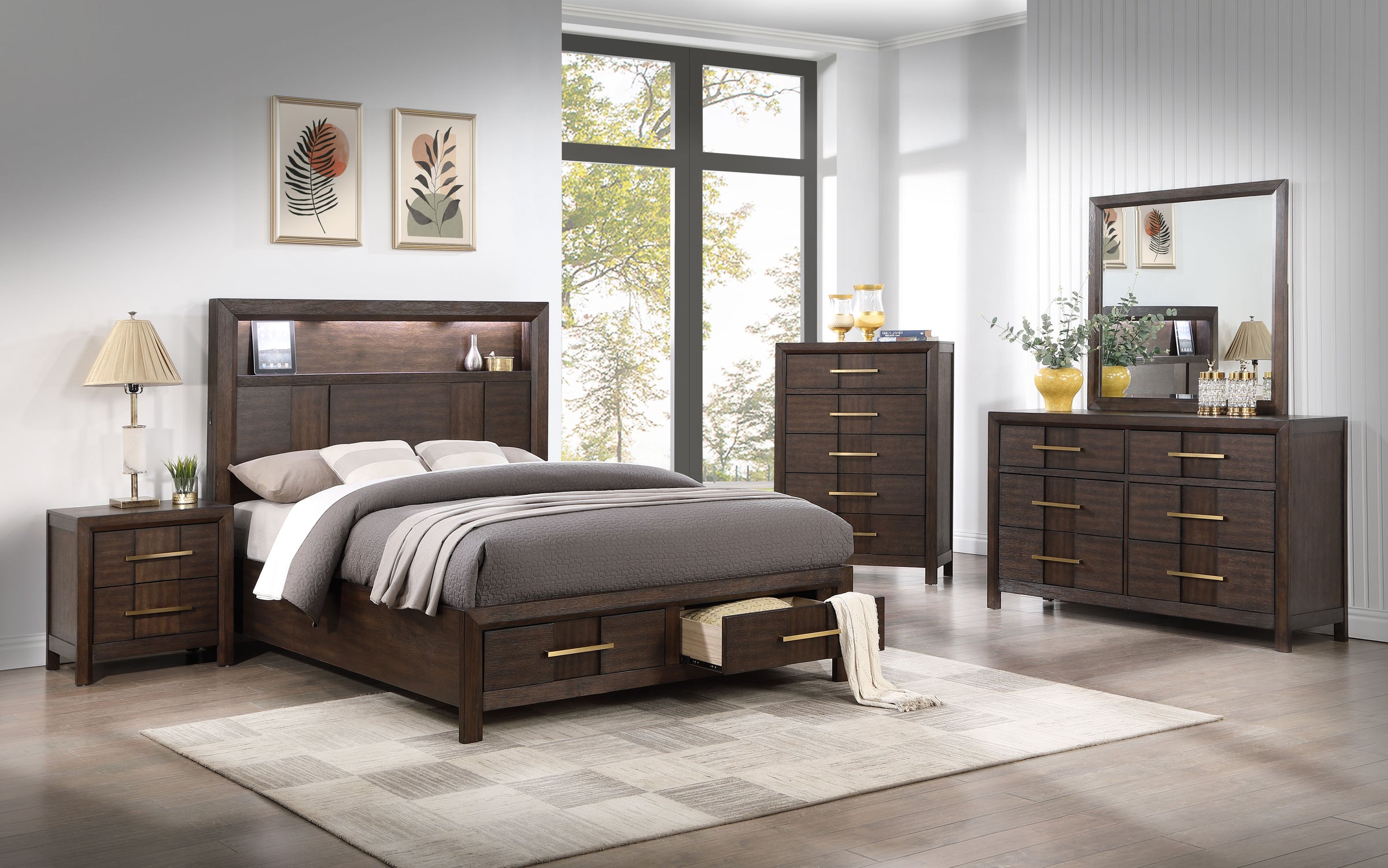 Kenzo Wood Veneer Queen Size Bed with Storage Drawers & LED Lighting