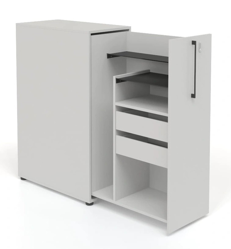 Boxi Office Lockable Storage Tower w/1 Shelf, 2 Metal Shelves & 2 Small Drawers