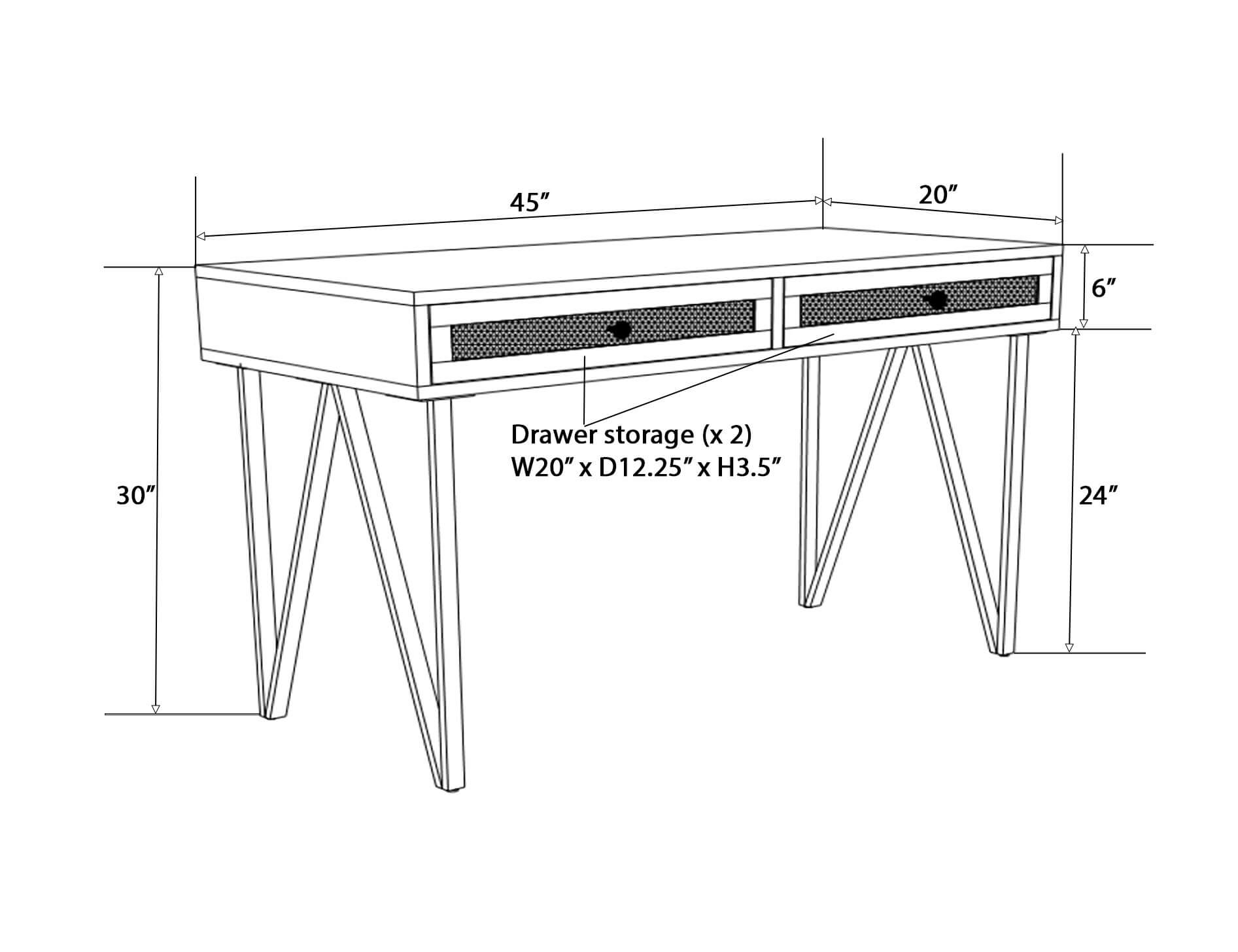 Lana 45" Solid Wood Writing Desk with 2 Drawers