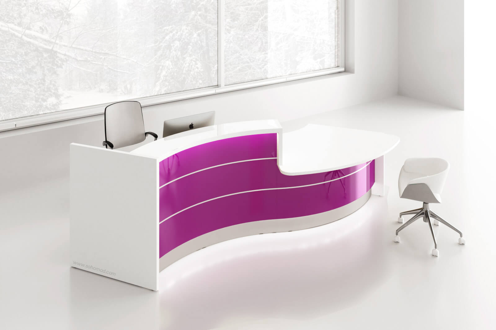 Valde 135" Curved Reception Desk w/Counter Top in purple