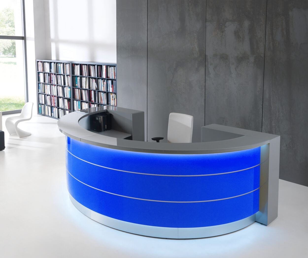 Curved Reception Desk by MDD in blue matt