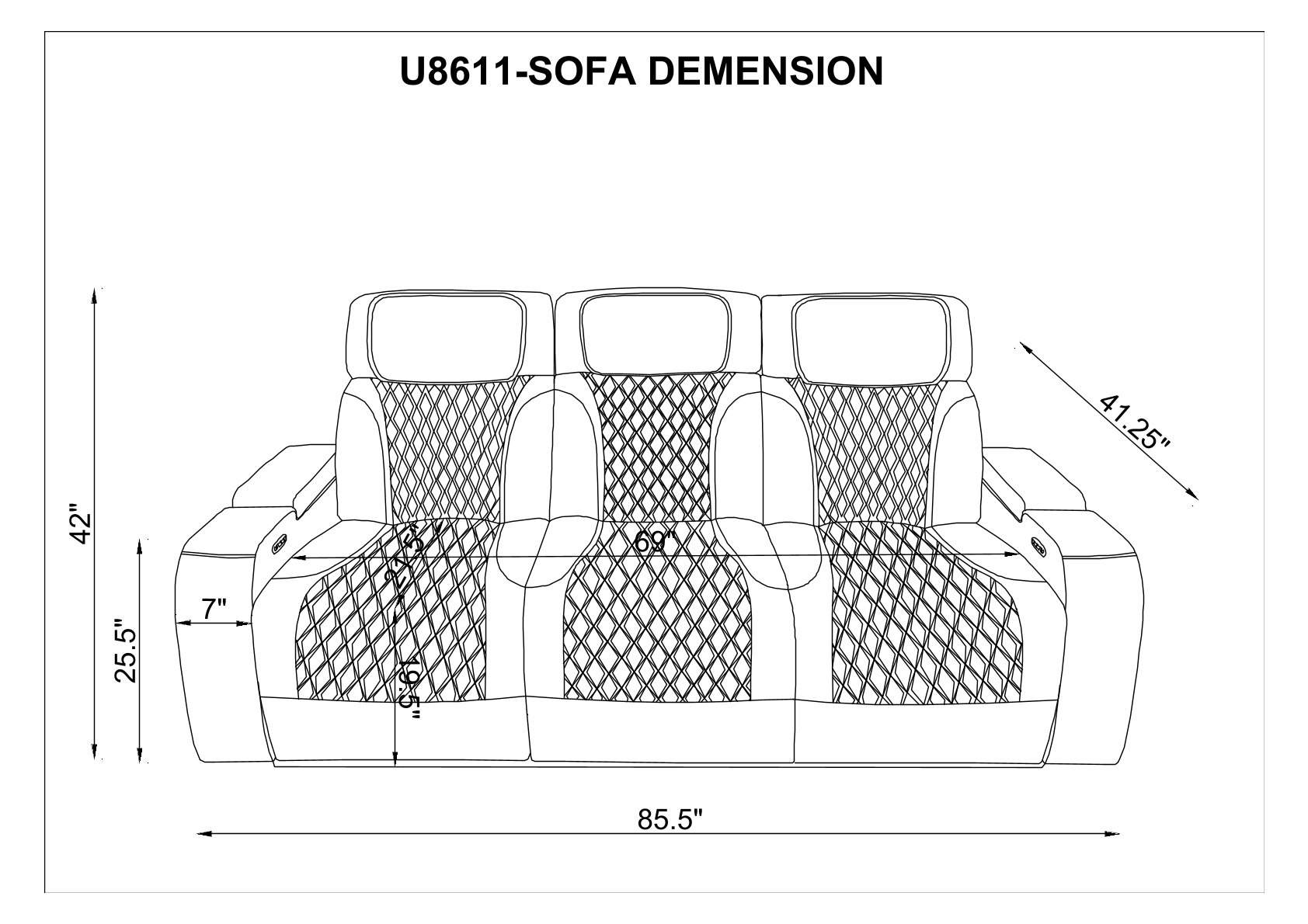 U8611 PU Power Reclining Sofa with LED Light and Speaker, Power Headrest