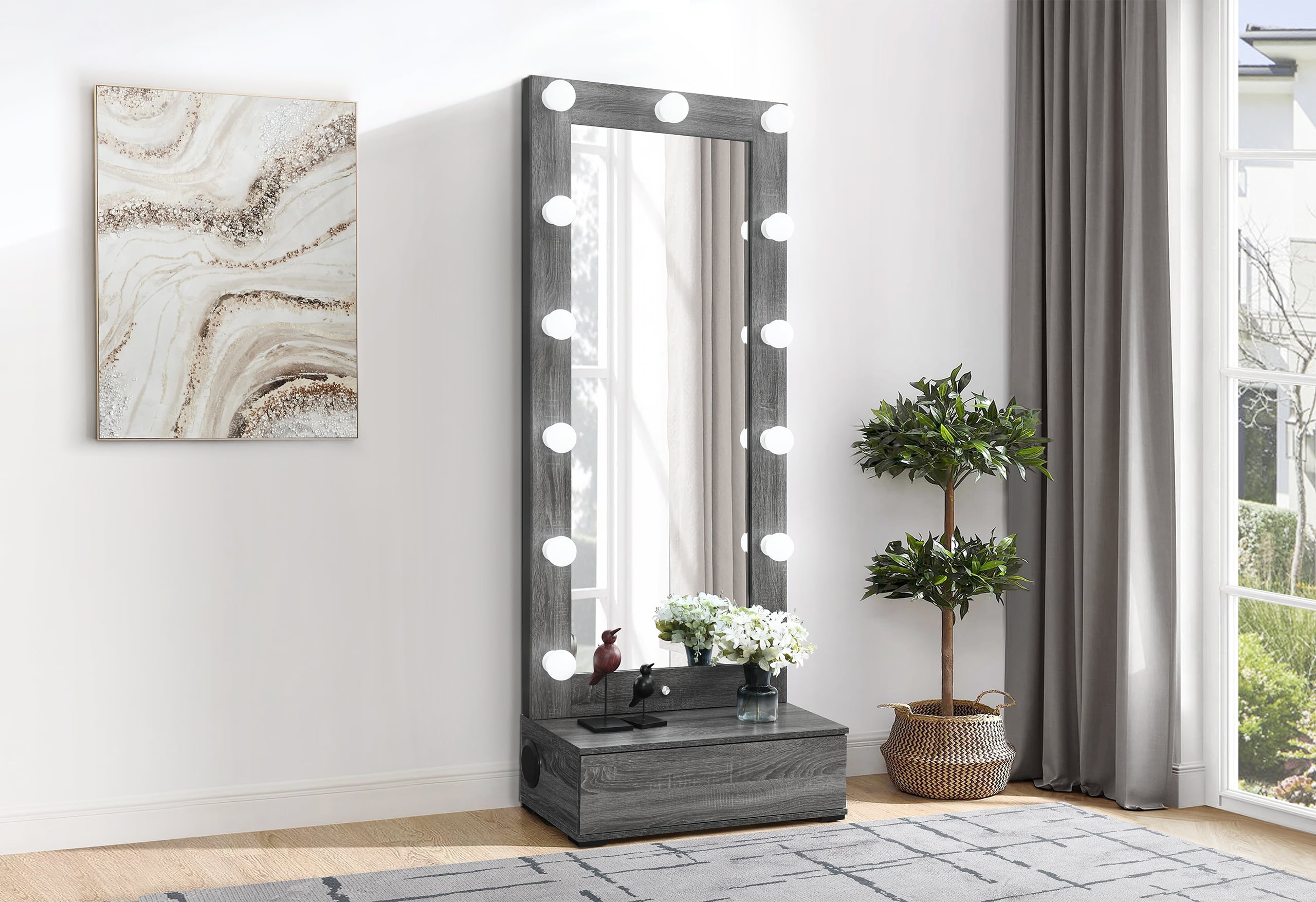 Lexi Narrow Tall Vanity Mirror with Drawer and Speaker