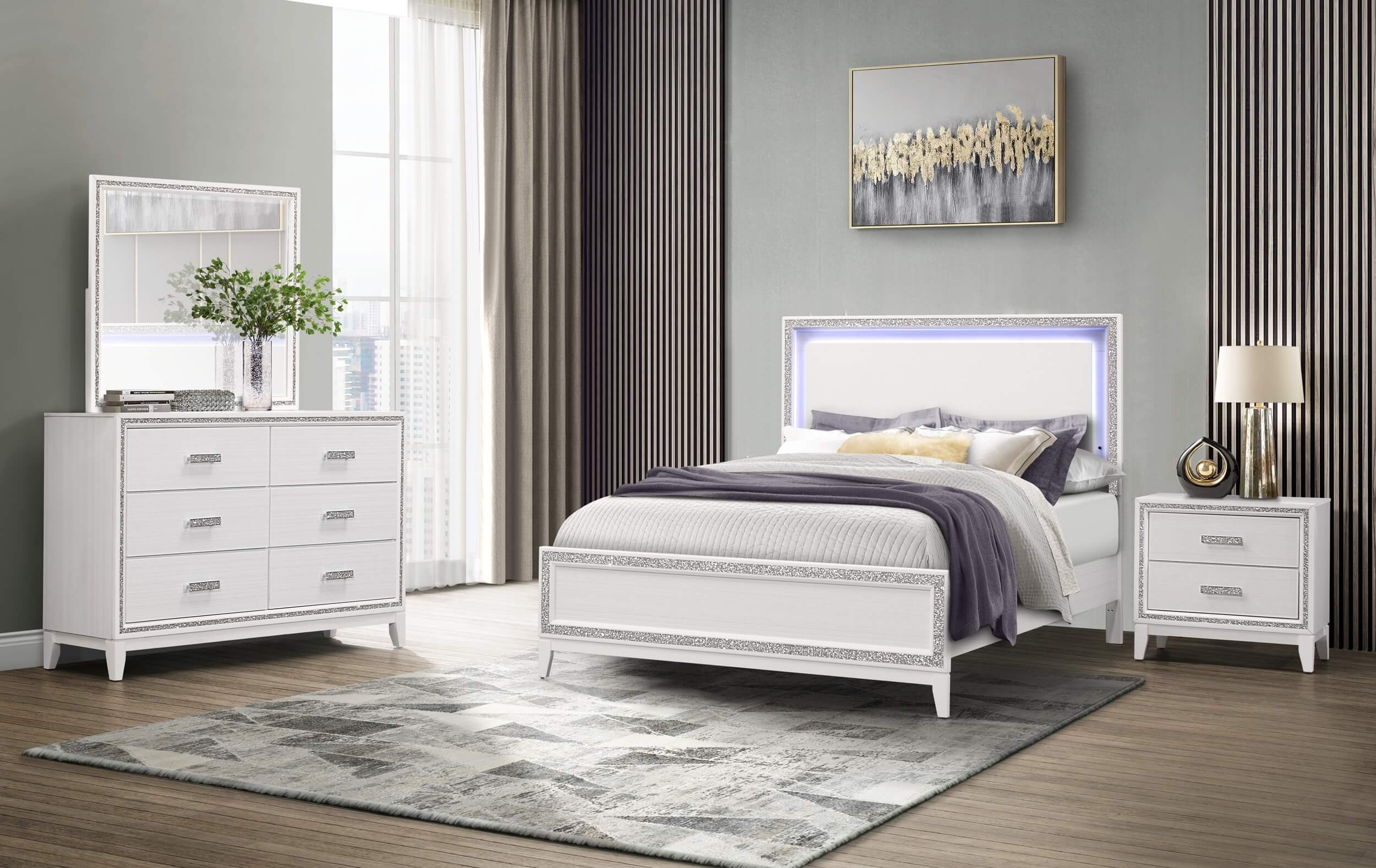 Lily MDF/Wood Panel Bed w/LED Light, Queen Size