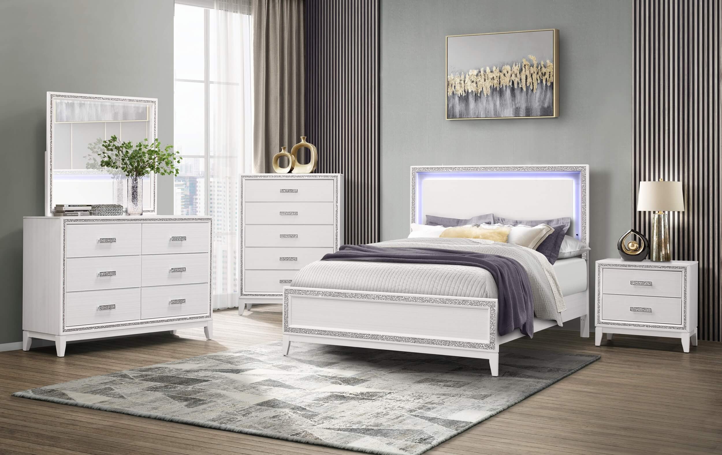 Lily MDF/Wood Panel Bed w/LED Light, Queen Size
